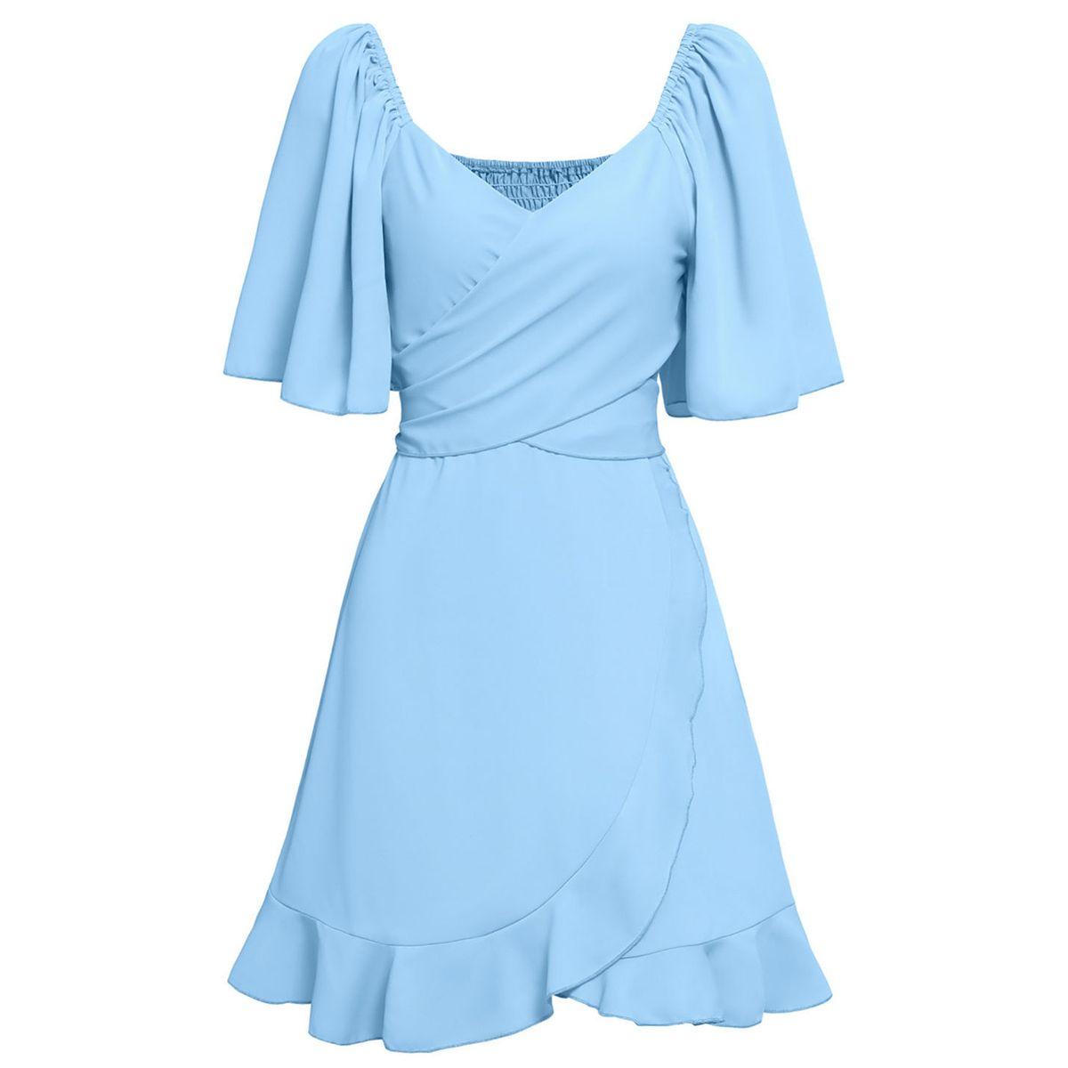 Styli Blue Solid Short Sleeve Layered Hem Mini Dress-women-clothing-dresses-image-13