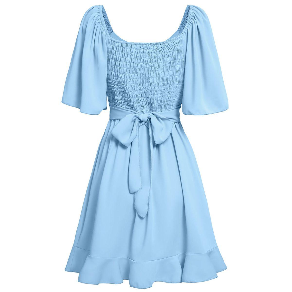 Styli Blue Solid Short Sleeve Layered Hem Mini Dress-women-clothing-dresses-image-2