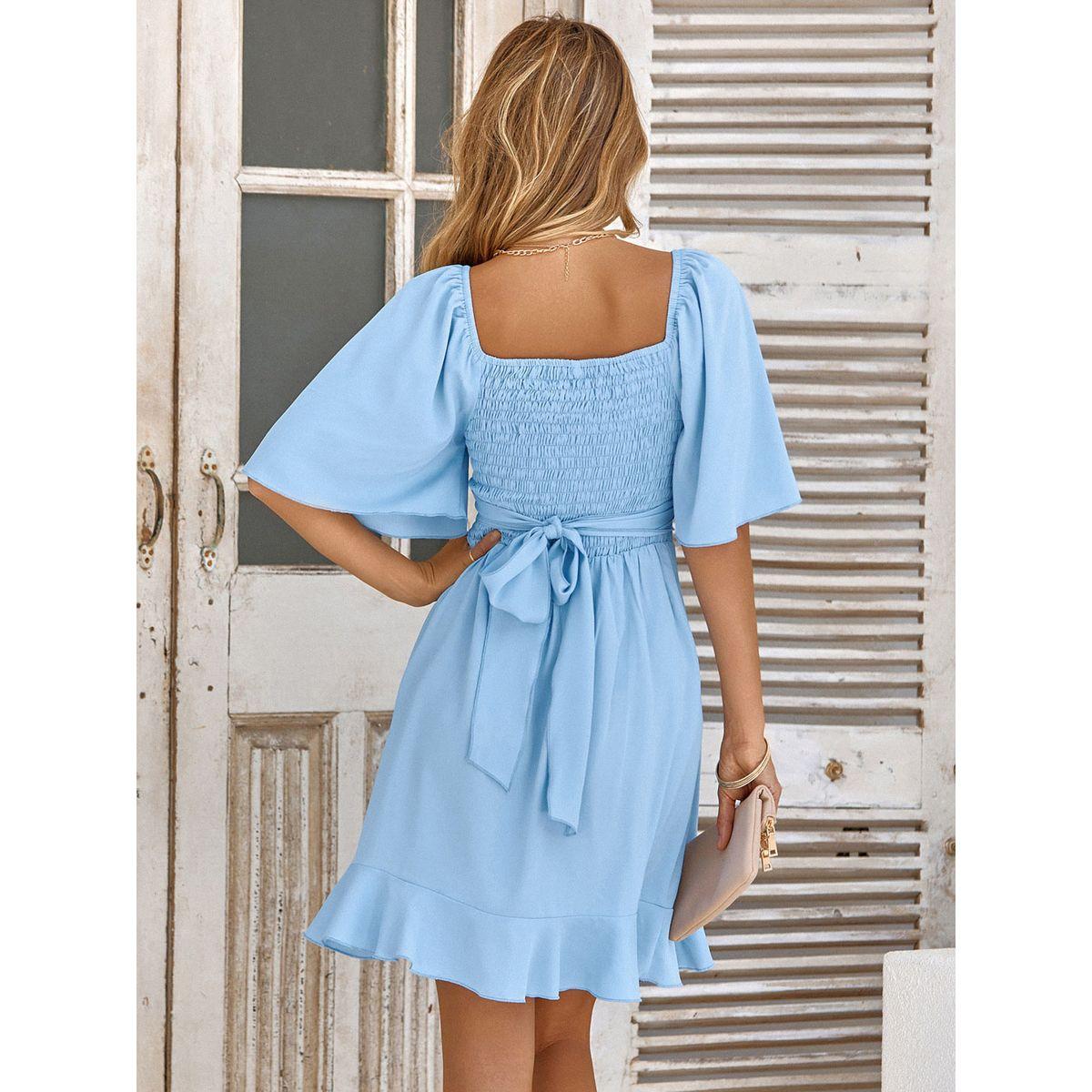 Styli Blue Solid Short Sleeve Layered Hem Mini Dress-women-clothing-dresses-image-9