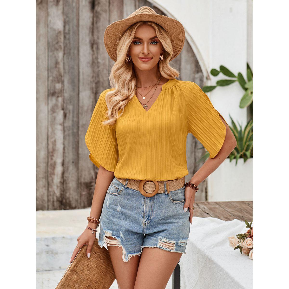 Styli Solid V-Neck Short Sleeve Blouse-women-clothing-shirtsandblouses-blouses-image-1