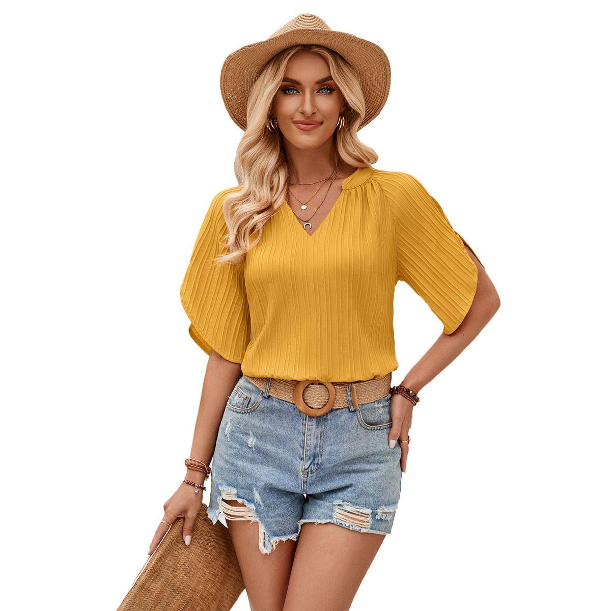 Styli Solid V-Neck Short Sleeve Blouse-women-clothing-shirtsandblouses-blouses-image-13