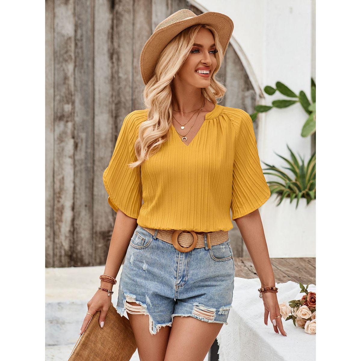 Styli Solid V-Neck Short Sleeve Blouse-women-clothing-shirtsandblouses-blouses-image-7