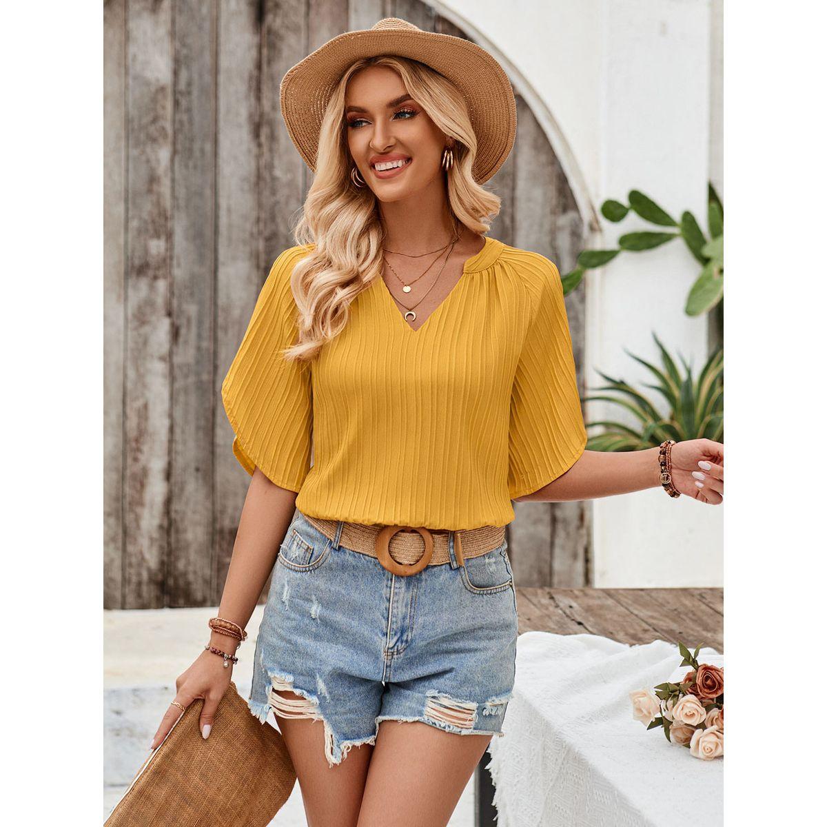 Styli Solid V-Neck Short Sleeve Blouse-women-clothing-shirtsandblouses-blouses-image-8