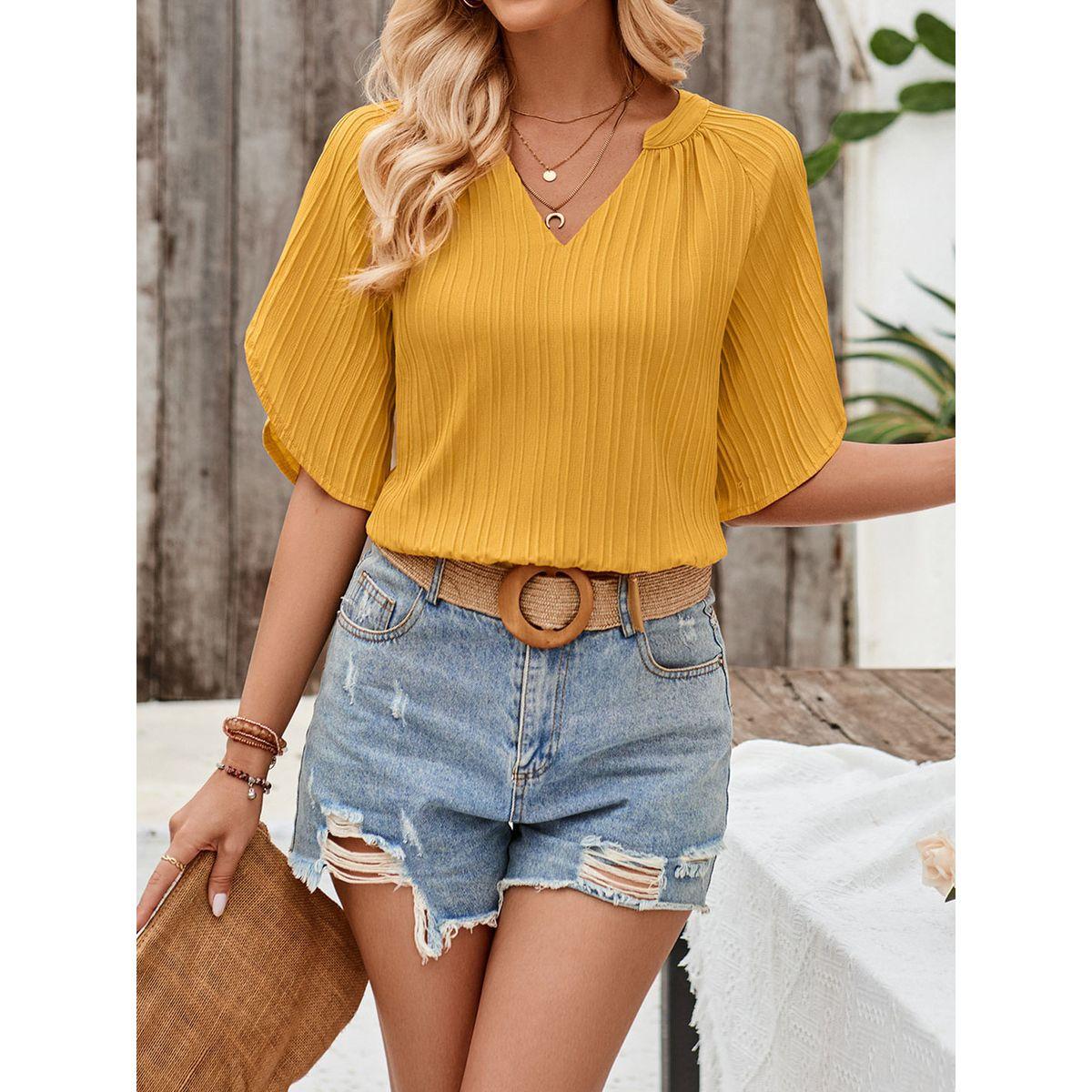 Styli Solid V-Neck Short Sleeve Blouse-women-clothing-shirtsandblouses-blouses-image-9