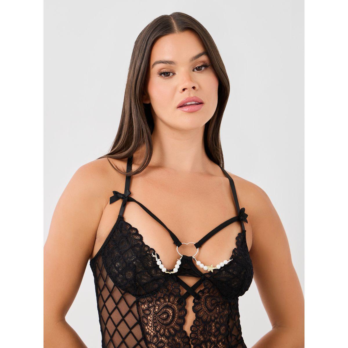 Styli Patterned Mesh Apex Strap Front Slit Babydoll with Briefs-women-clothing-lingerie-babydollsandbodysuits-image-3