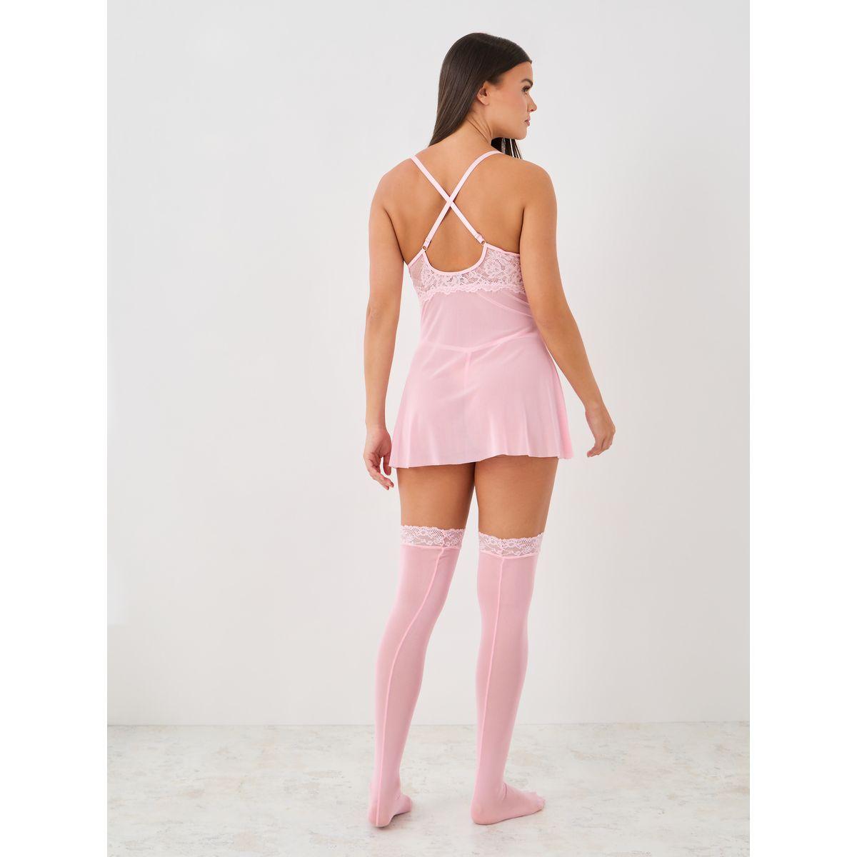 Styli Floral Applique Lace Babydoll with Thong and Stockings-women-clothing-lingerie-babydollsandbodysuits-image-8
