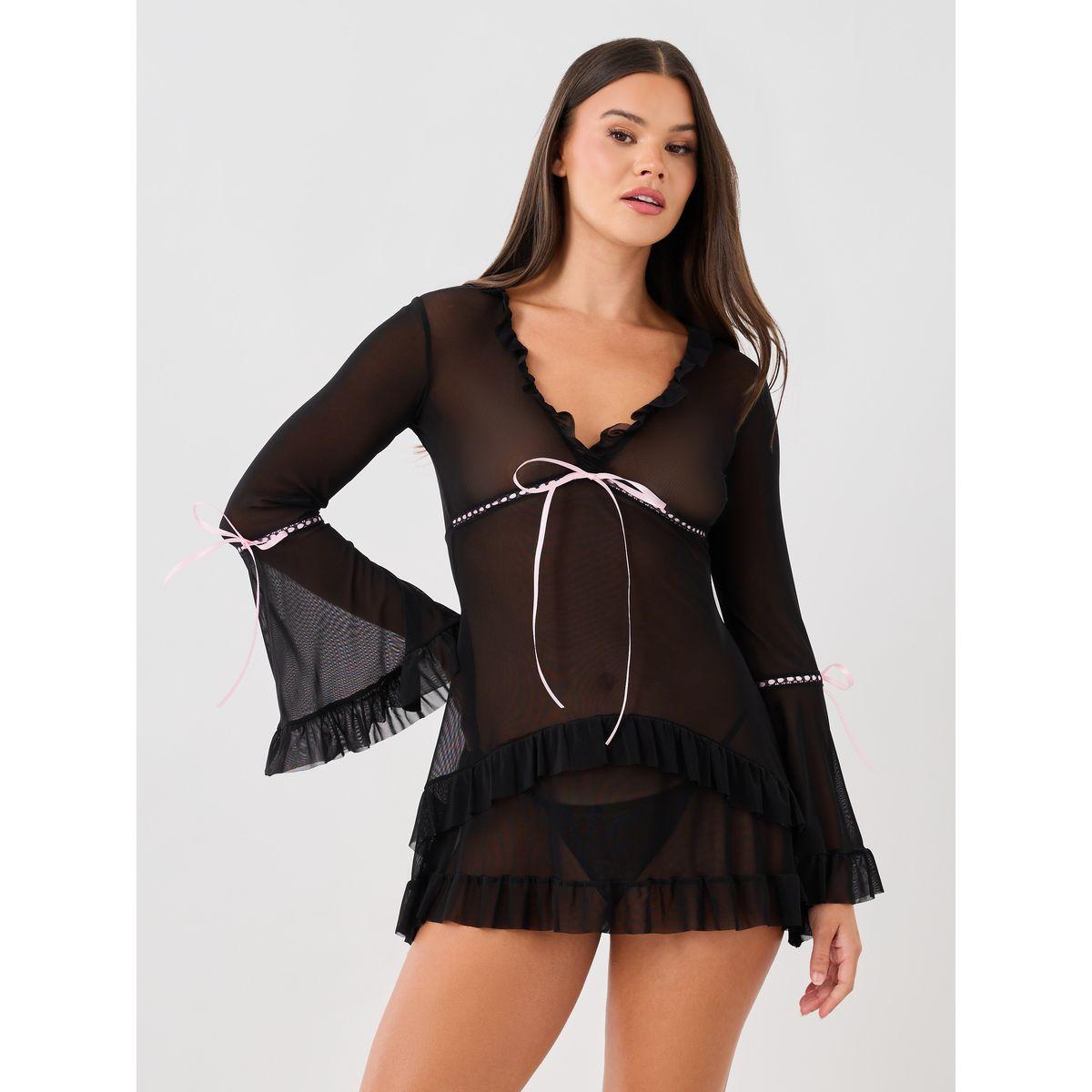 Styli Ruffle and Bow Detail Bell Sleeves Slip with Briefs-women-clothing-lingerie-babydollsandbodysuits-image-1