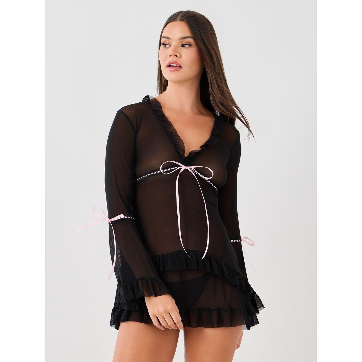 Styli Ruffle and Bow Detail Bell Sleeves Slip with Briefs-women-clothing-lingerie-babydollsandbodysuits-image-2