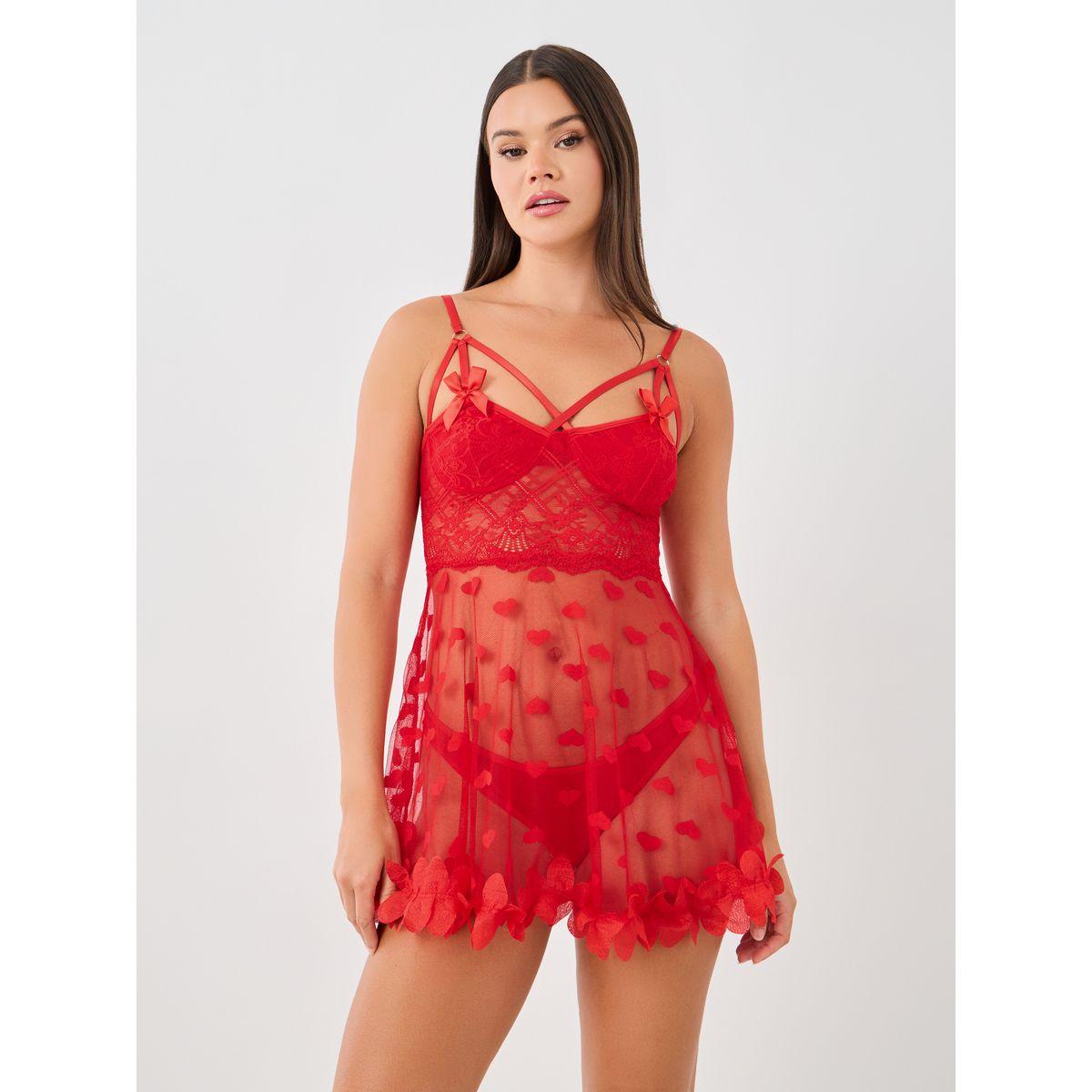Styli Apex Strap Heart Pattern Mesh Babydoll with Briefs-women-clothing-lingerie-babydollsandbodysuits-image-2