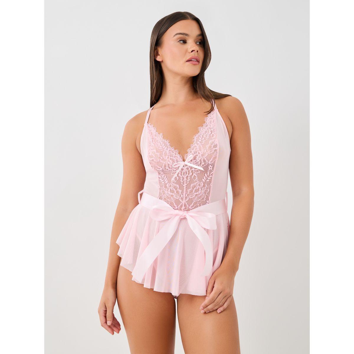 Styli Lace Panel Bow Detail Bodysuit with Skirt Overlay-women-clothing-lingerie-corsets-image-1