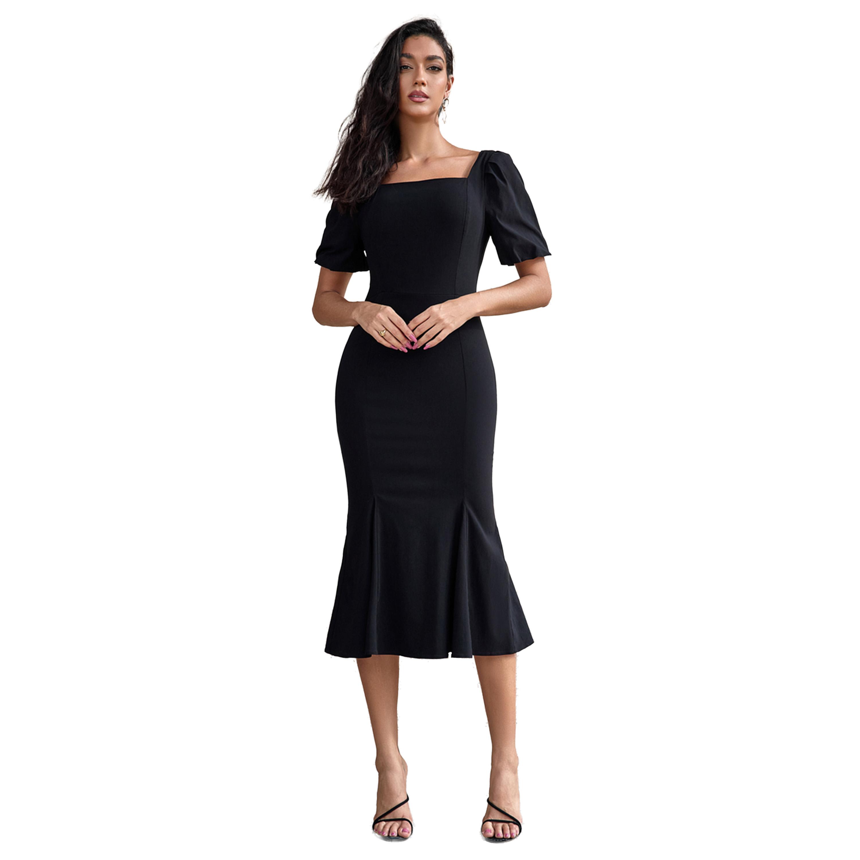 فستان ميدي ميرميد سادة بياقة مربعة-women-clothing-dresses-image-1