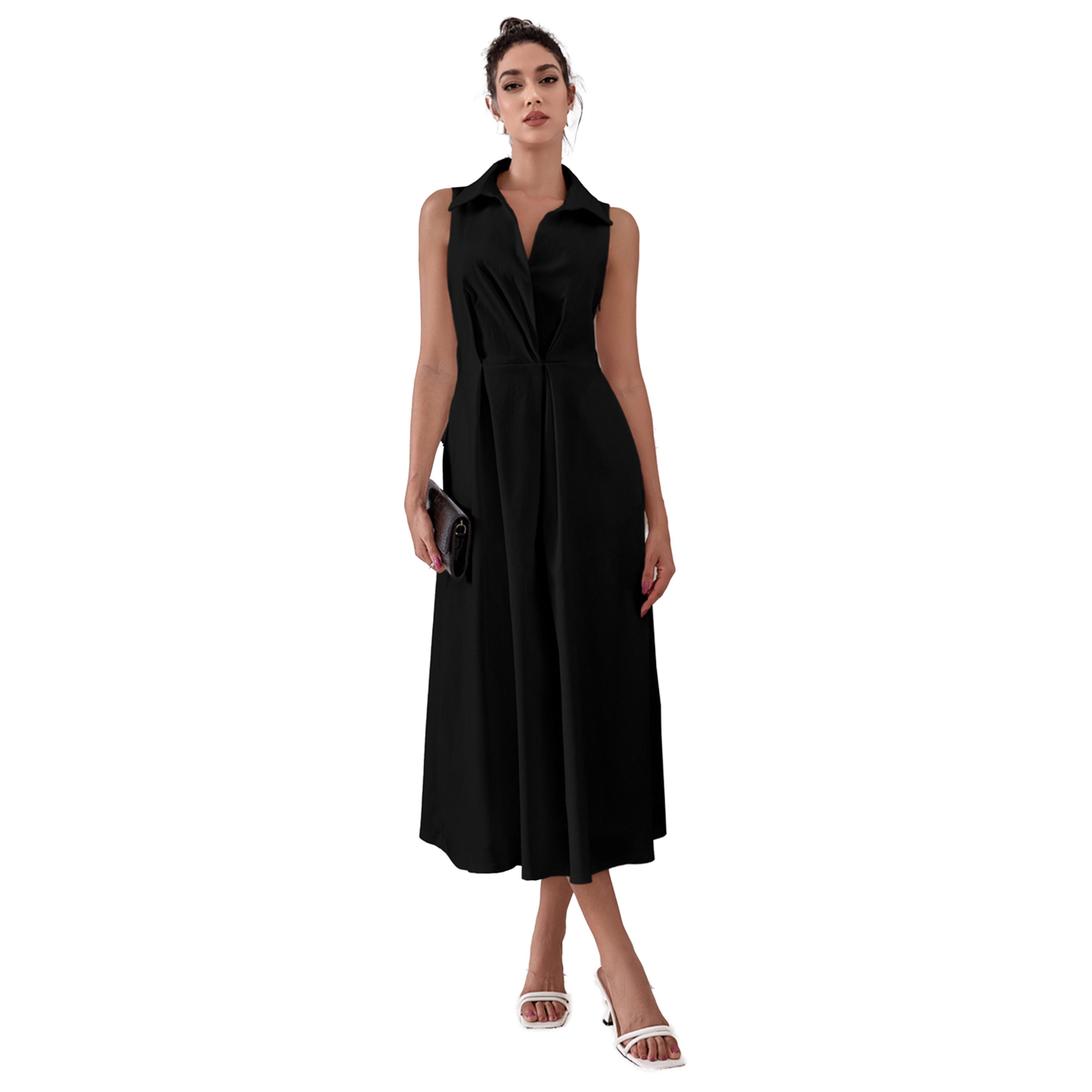 فستان ميدي سادة بلا أكمام مع حافة واسعة-women-clothing-dresses-image-1