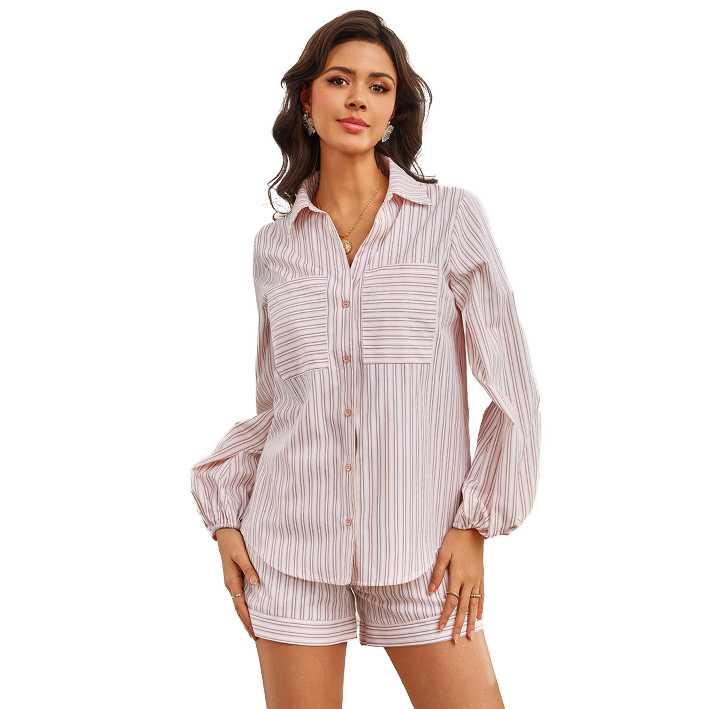 بلوزة مخططة بأكمام بالون وجيب-women-clothing-shirtsandblouses-shirts-image-1