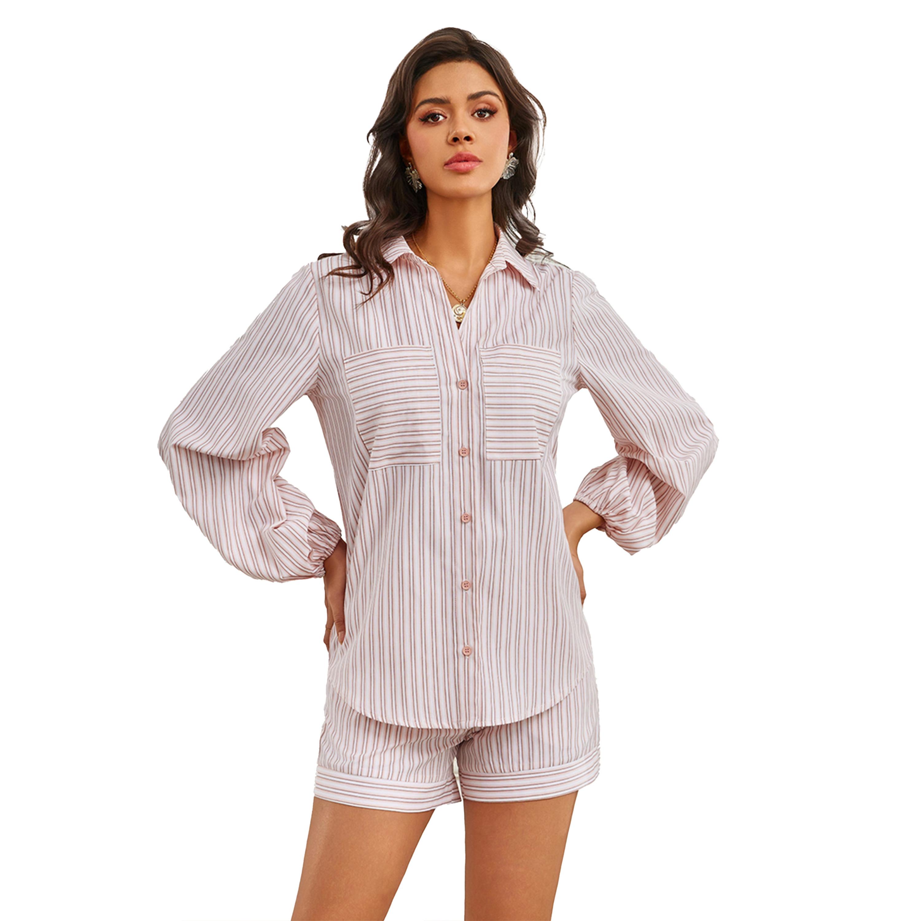 بلوزة مخططة بأكمام بالون وجيب-women-clothing-shirtsandblouses-shirts-image-5