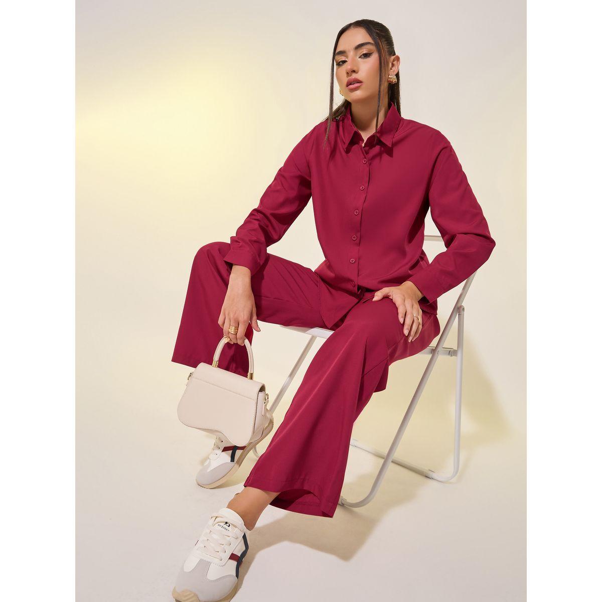 طقم منسق من بنطال وبلوزة سادة بأكمام طويلة-women-clothing-coordsets-image-1