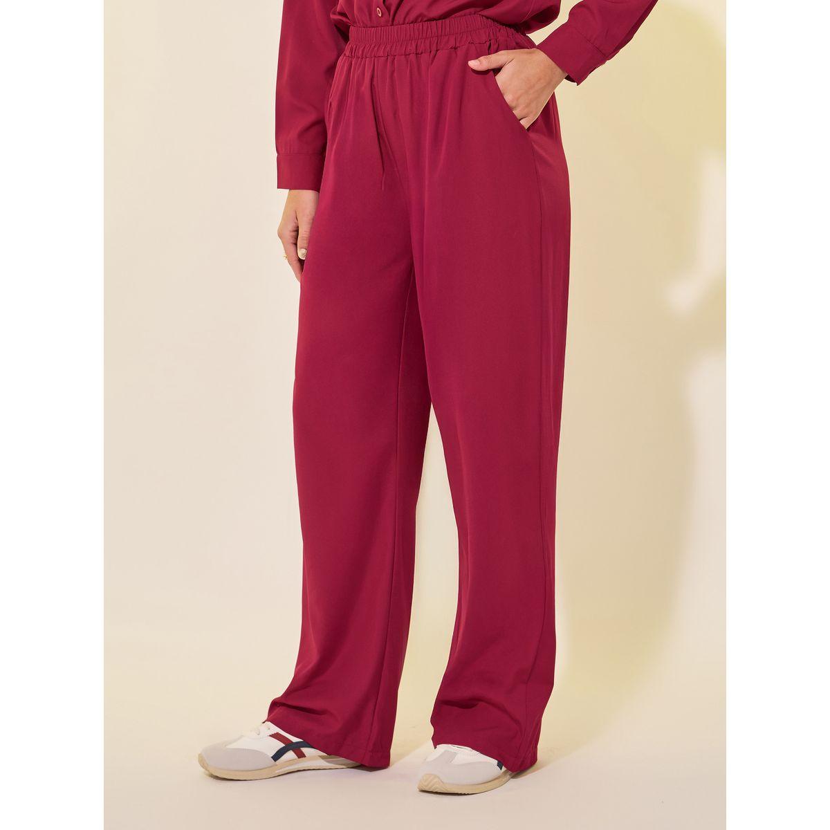 طقم منسق من بنطال وبلوزة سادة بأكمام طويلة-women-clothing-coordsets-image-5