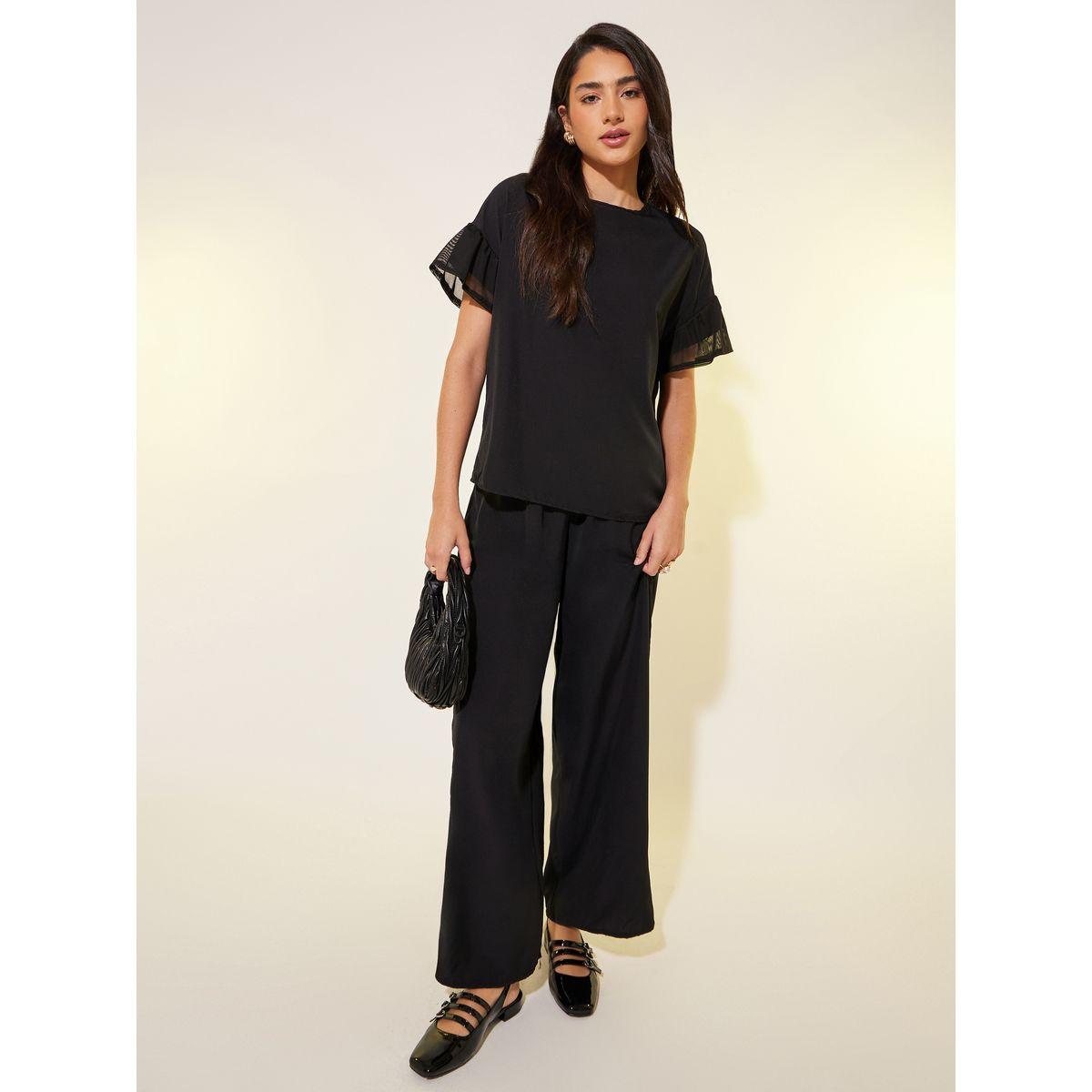 Styli Solid Mesh Sleeves Top and Pants Co-Ords-women-clothing-coordsets-image-1