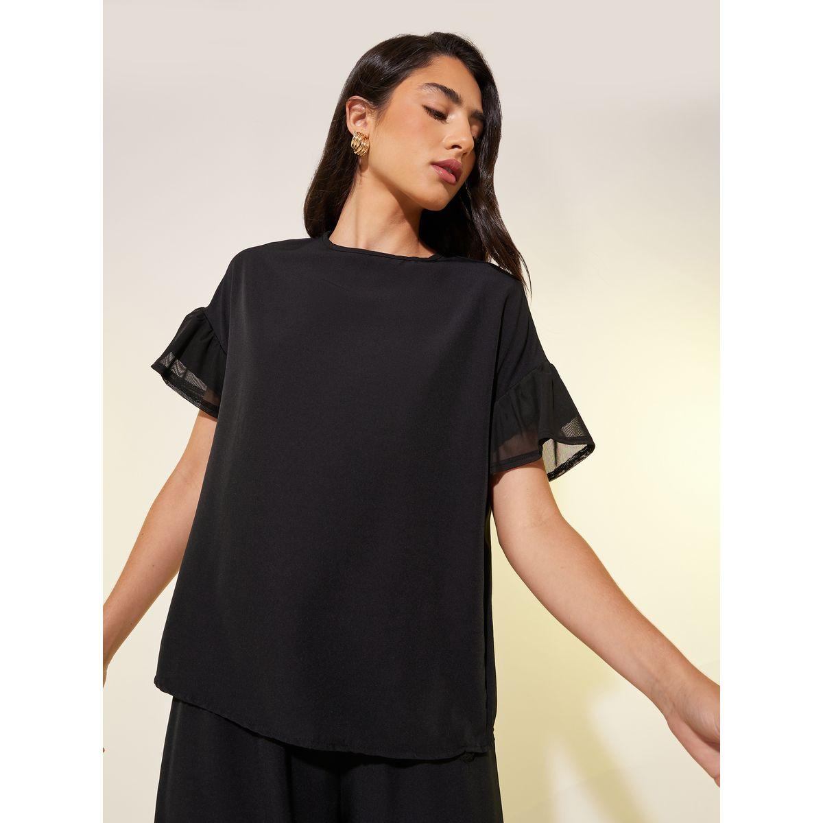 Styli Solid Mesh Sleeves Top and Pants Co-Ords-women-clothing-coordsets-image-2