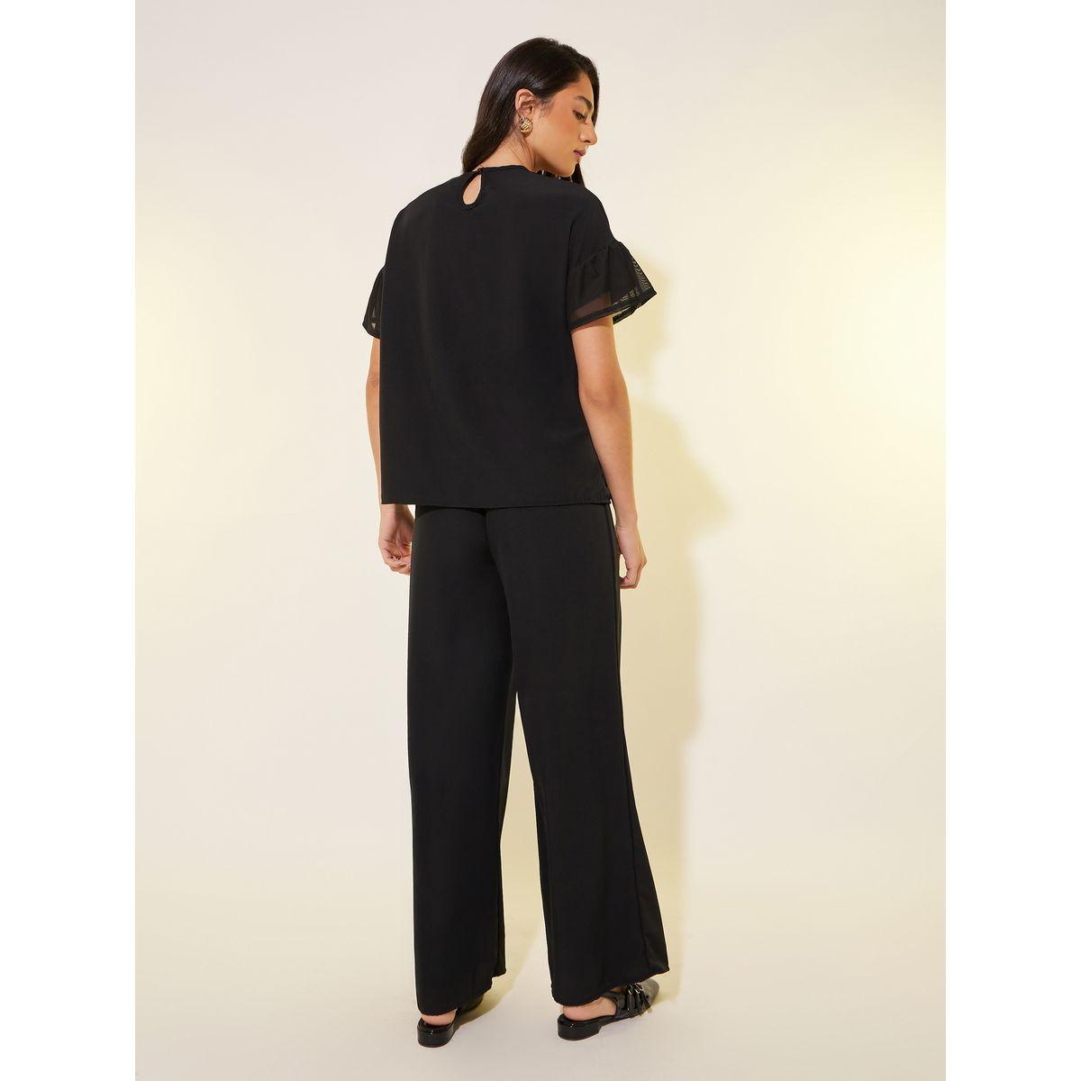 Styli Solid Mesh Sleeves Top and Pants Co-Ords-women-clothing-coordsets-image-5