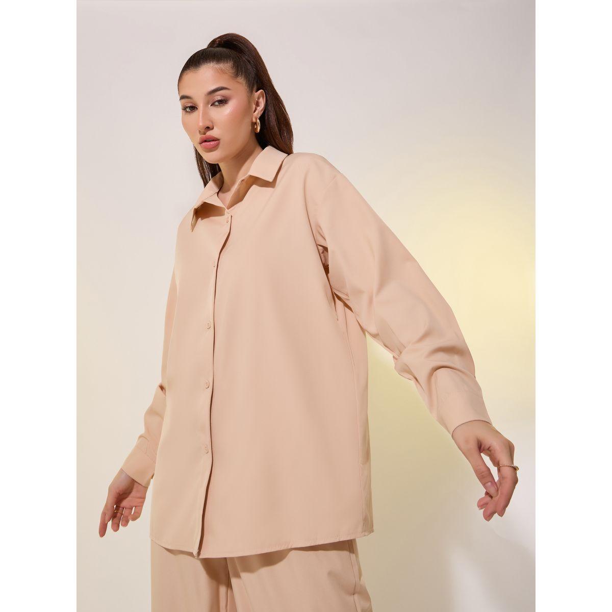 طقم منسق من بنطال وبلوزة سادة بأكمام طويلة-women-clothing-coordsets-image-2