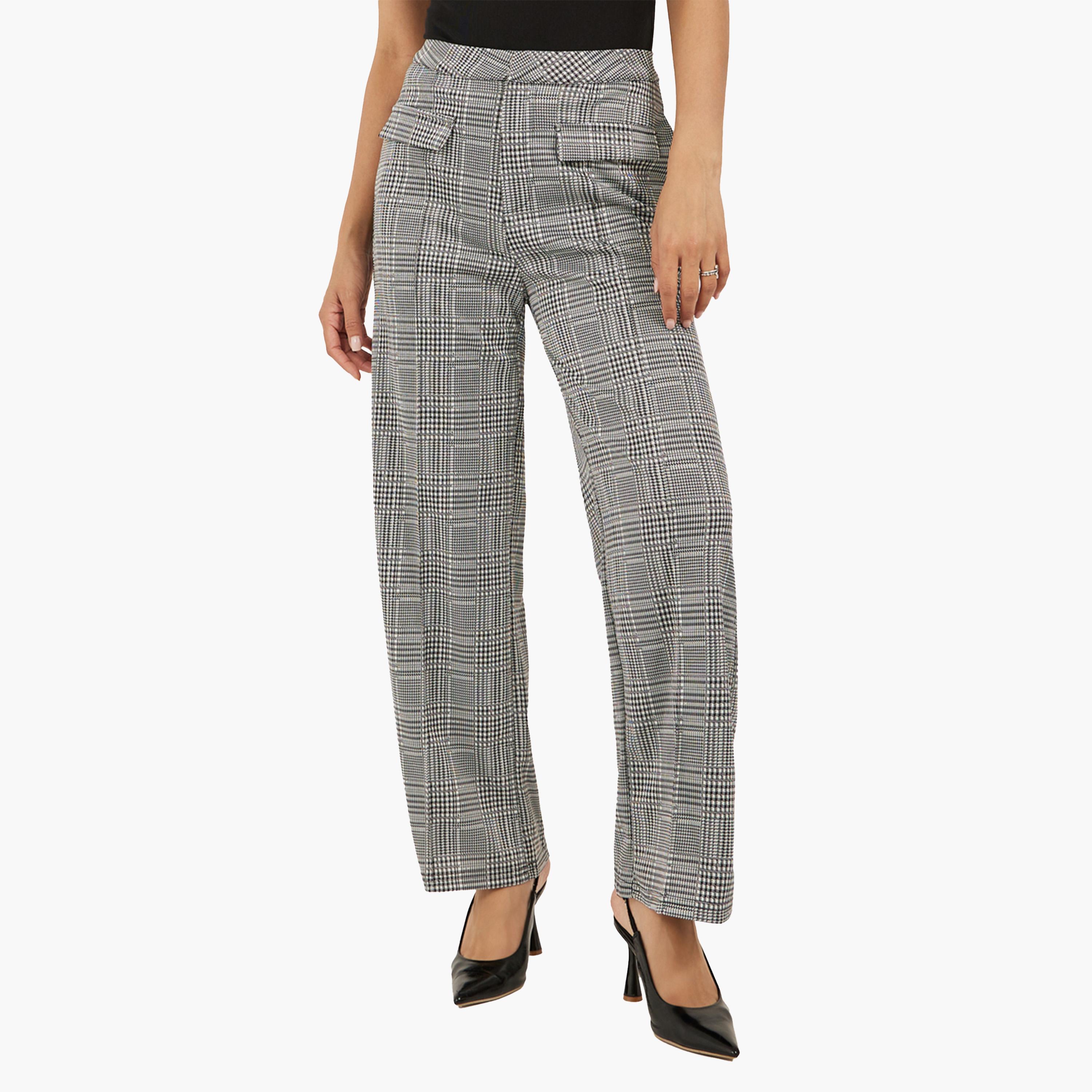 Take Two Mid Rise Checked Wide Leg Pants with Flap Detail-women-clothing-bottoms-trousers-image-1