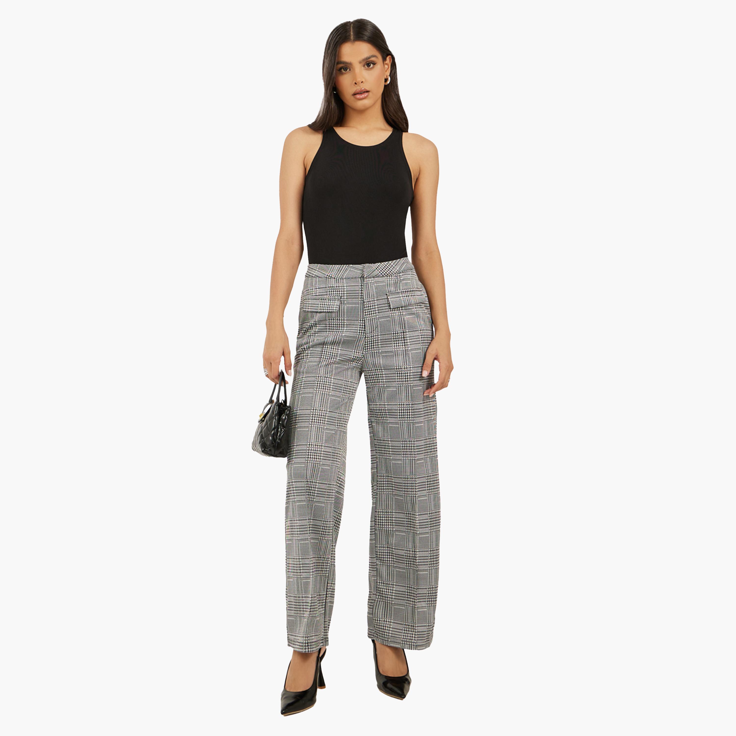 Take Two Mid Rise Checked Wide Leg Pants with Flap Detail-women-clothing-bottoms-trousers-image-2