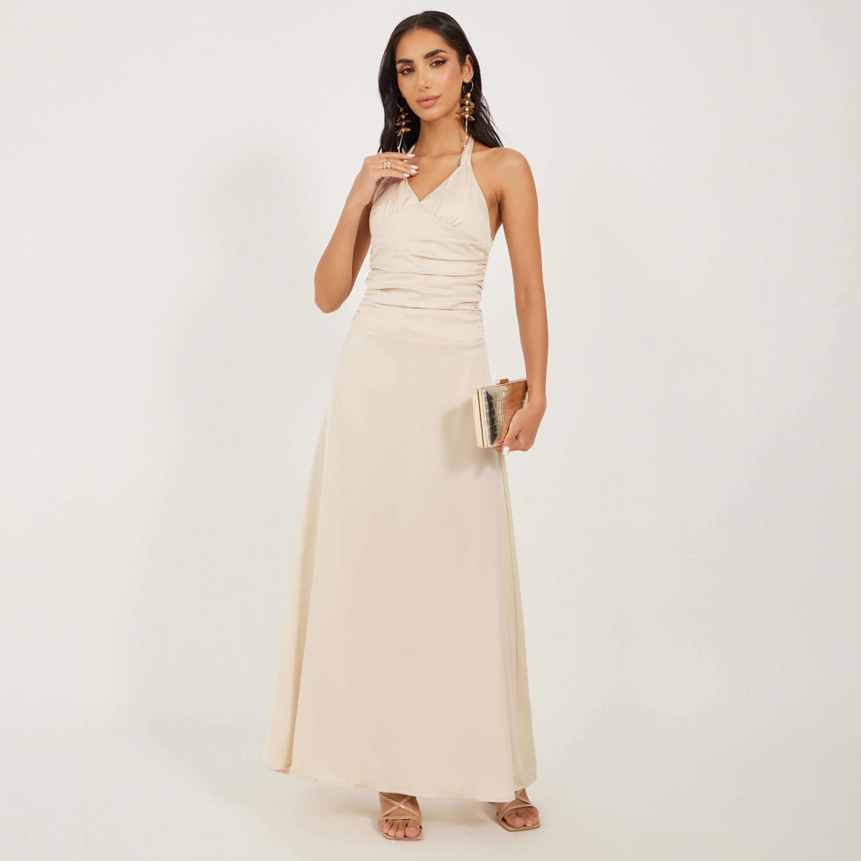 Take Two Solid Ruched Halter Neck A-Line Maxi Dress-women-clothing-dresses-image-1