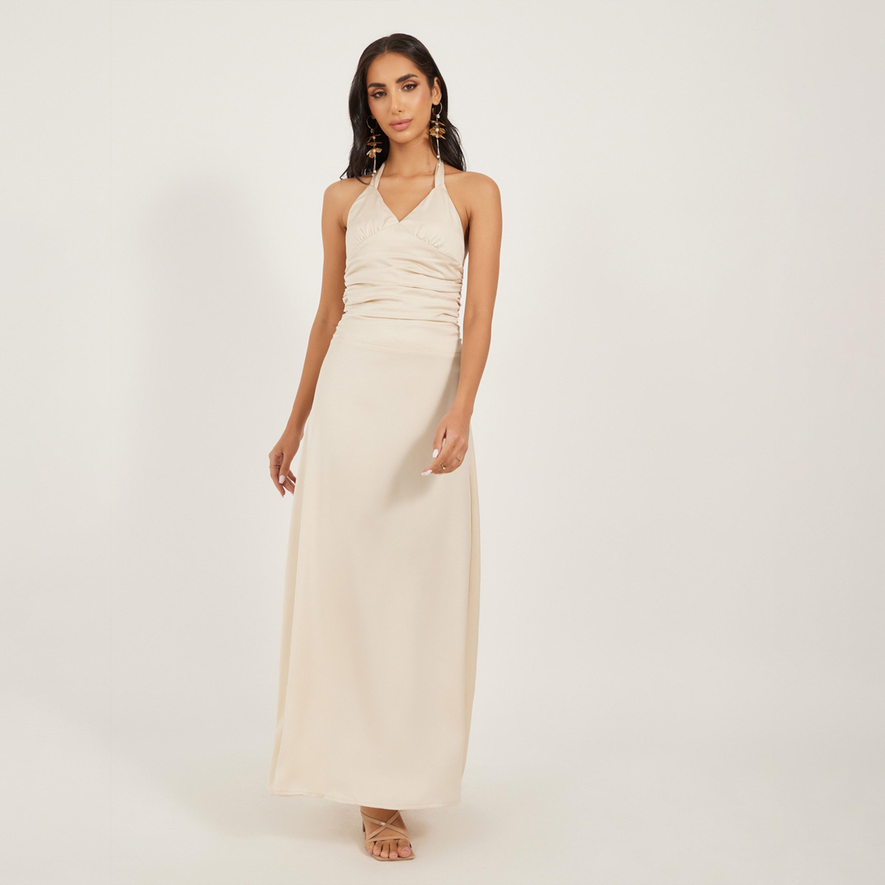 Take Two Solid Ruched Halter Neck A-Line Maxi Dress-women-clothing-dresses-image-2