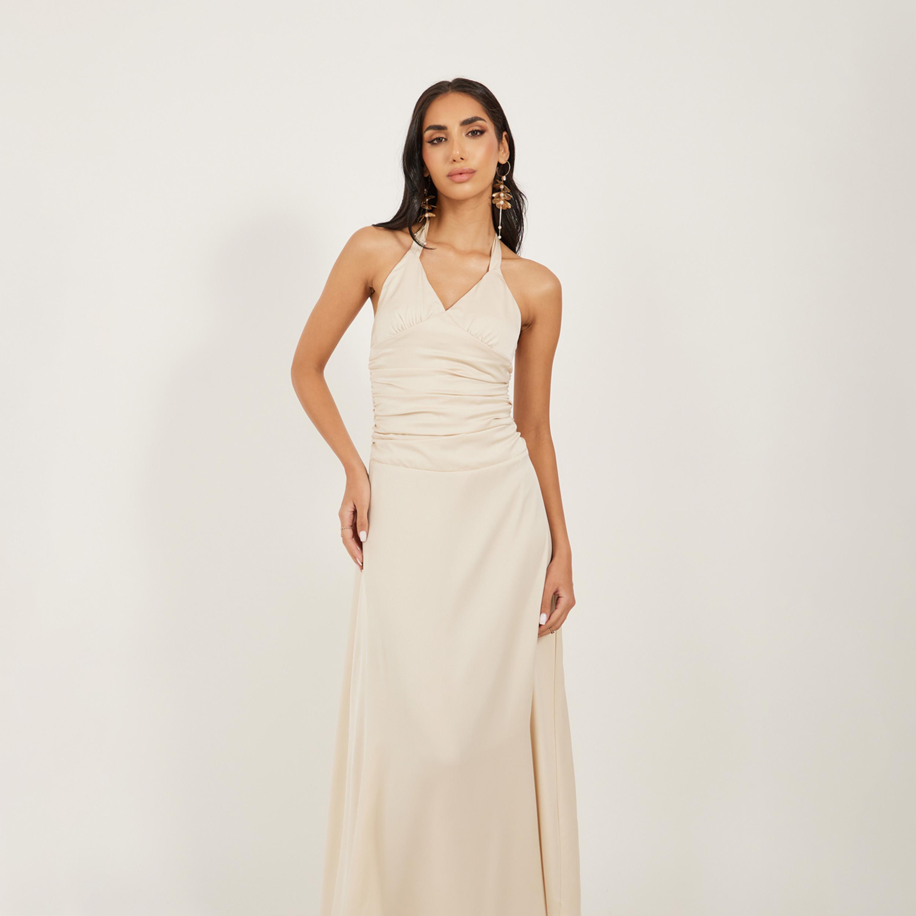 Take Two Solid Ruched Halter Neck A-Line Maxi Dress-women-clothing-dresses-image-3