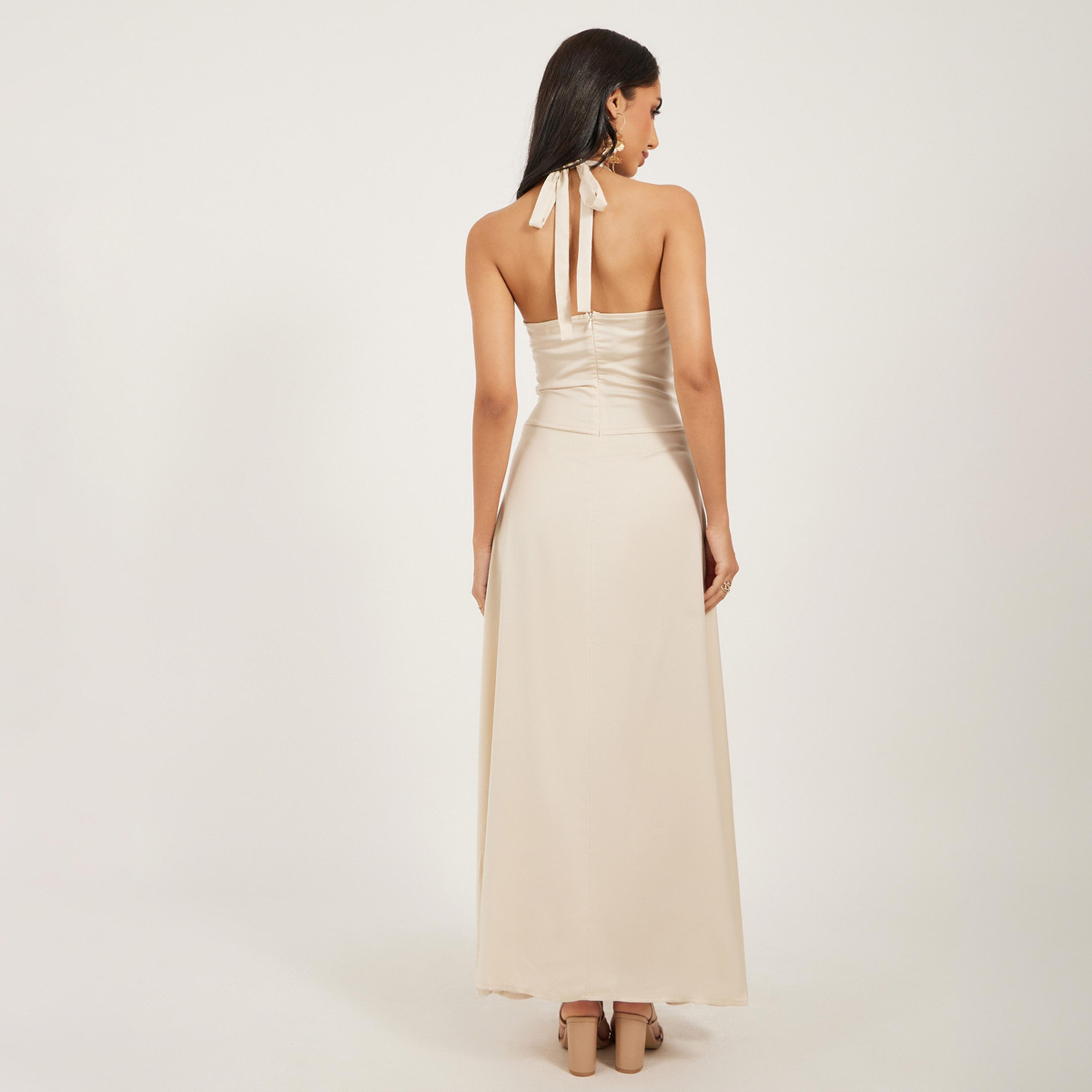 Take Two Solid Ruched Halter Neck A-Line Maxi Dress-women-clothing-dresses-image-5