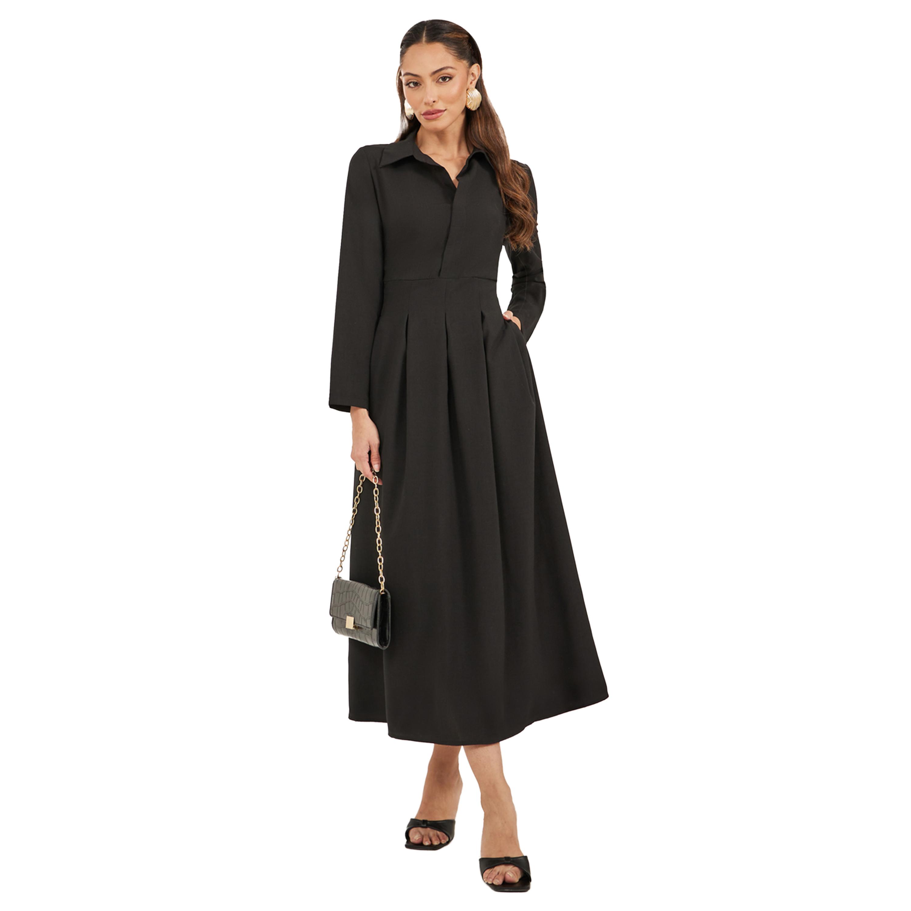 Styli Plain Collared Pleated A-Line Maxi Dress-women-clothing-dresses-image-1