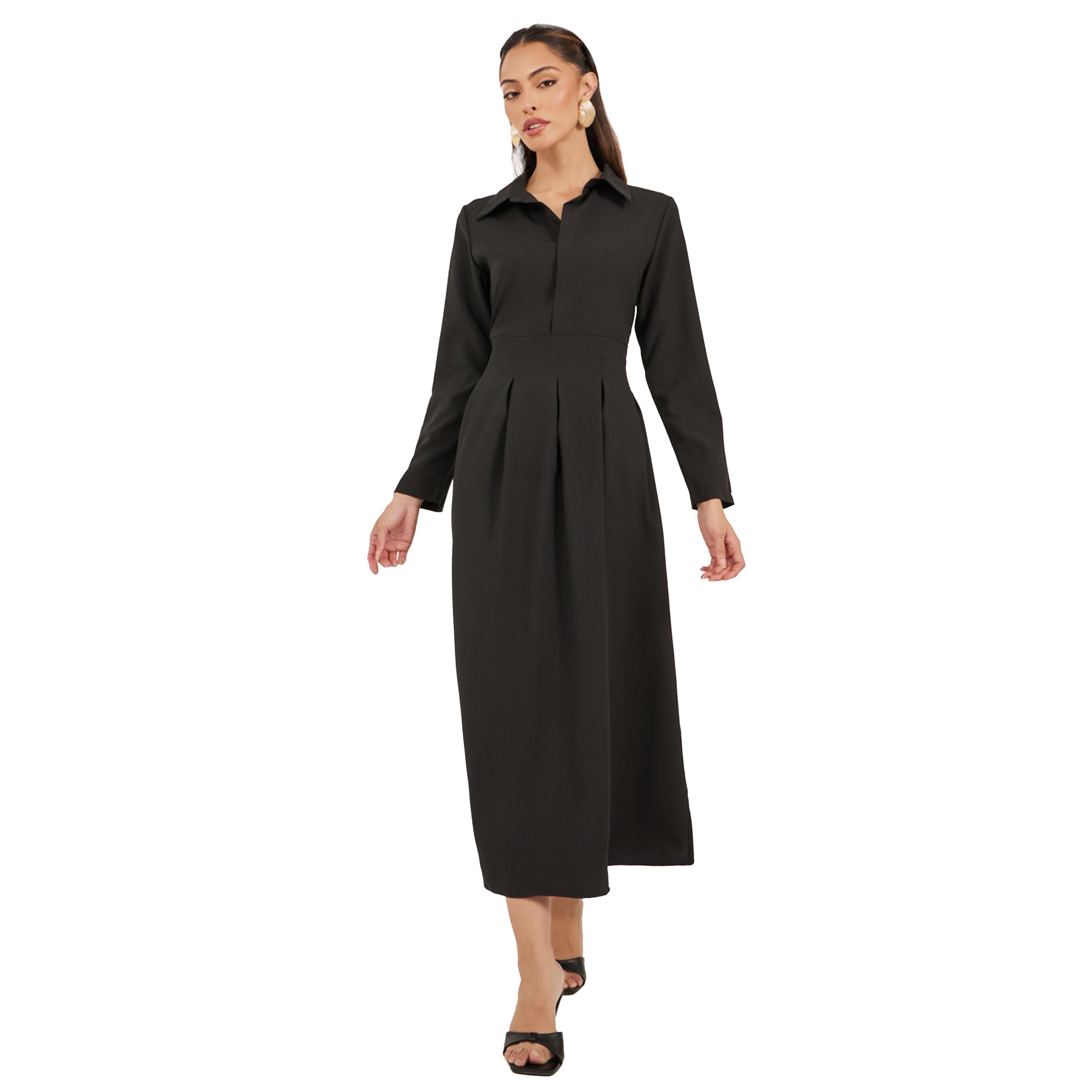 Styli Plain Collared Pleated A-Line Maxi Dress-women-clothing-dresses-image-2