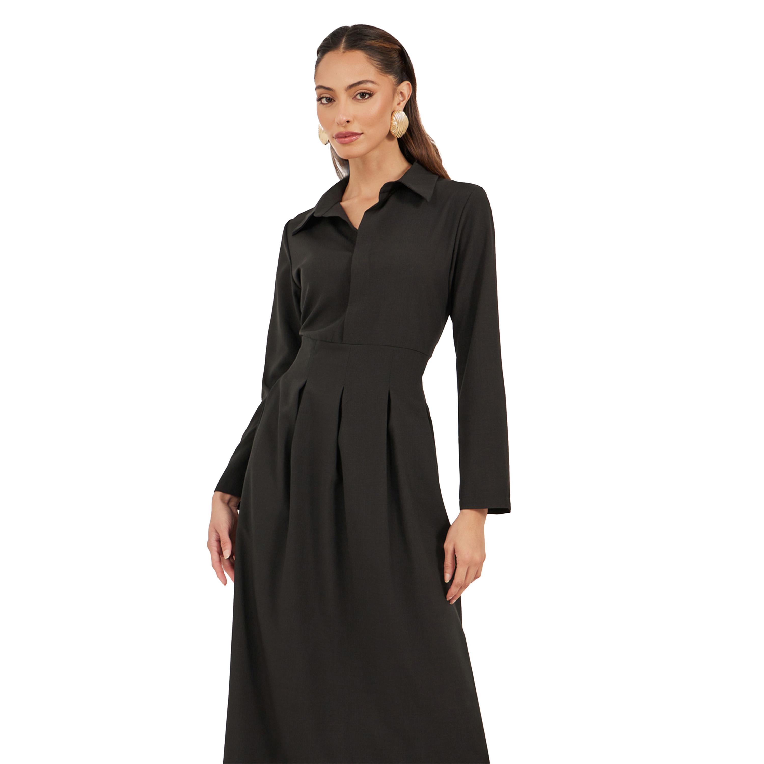 Styli Plain Collared Pleated A-Line Maxi Dress-women-clothing-dresses-image-3