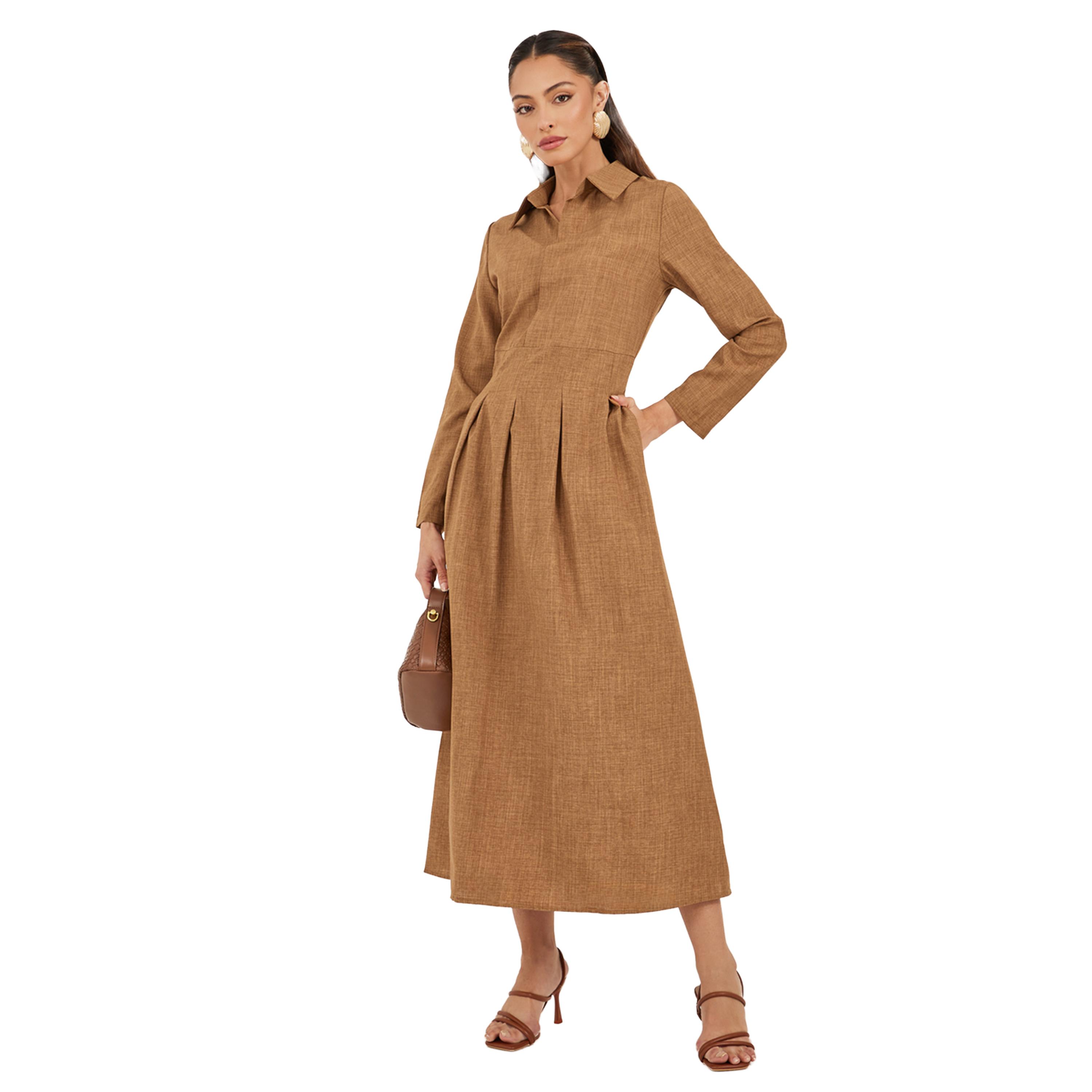 Styli Plain Collared Pleated A-Line Maxi Dress-women-clothing-dresses-image-1