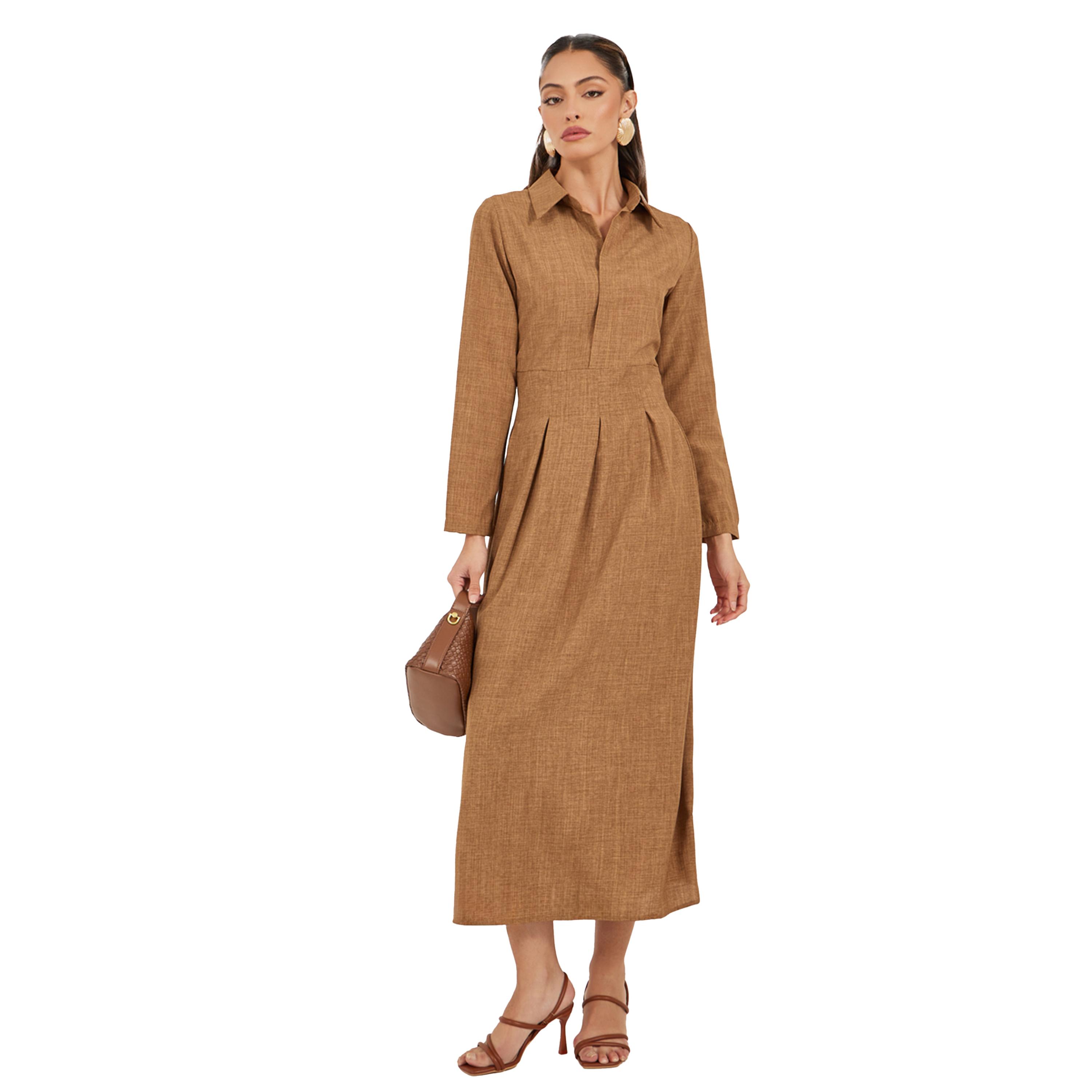 ستايلي- فستان ماكسي سادة بياقة مطوية على شكل حرف A-women-clothing-dresses-image-2