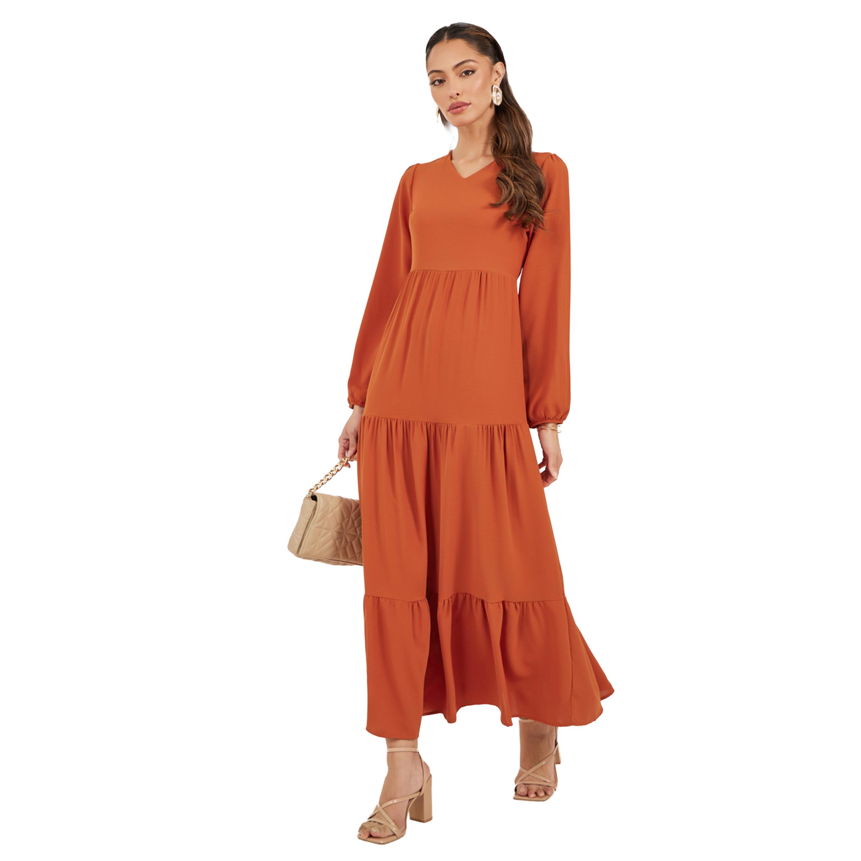 Styli Plain Cuffed Sleeves Tiered Maxi Dress-women-clothing-dresses-image-1