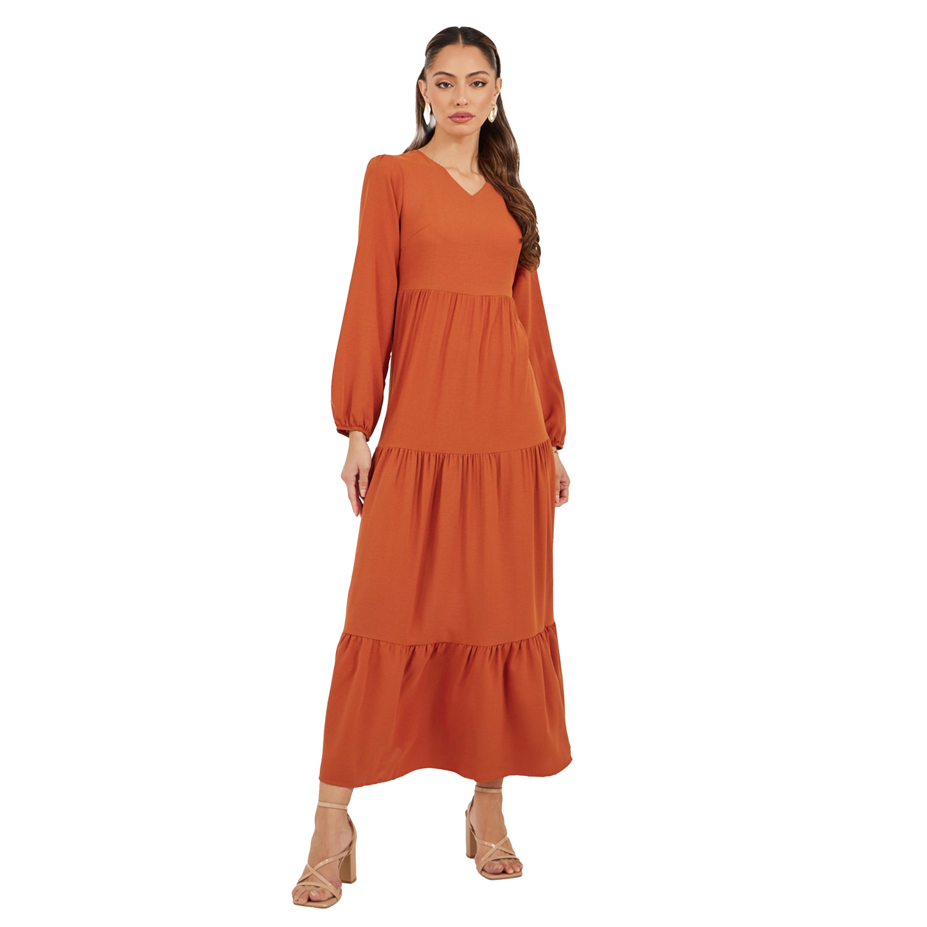 Styli Plain Cuffed Sleeves Tiered Maxi Dress-women-clothing-dresses-image-2