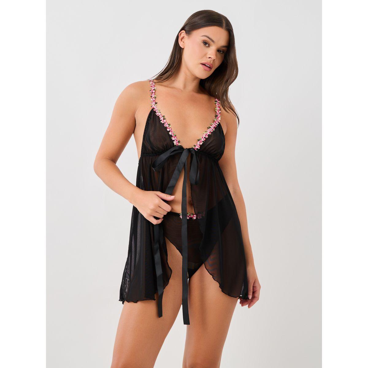 Styli Floral Lace Edge Detail Front Open Babydoll with Briefs-women-clothing-lingerie-babydollsandbodysuits-image-1