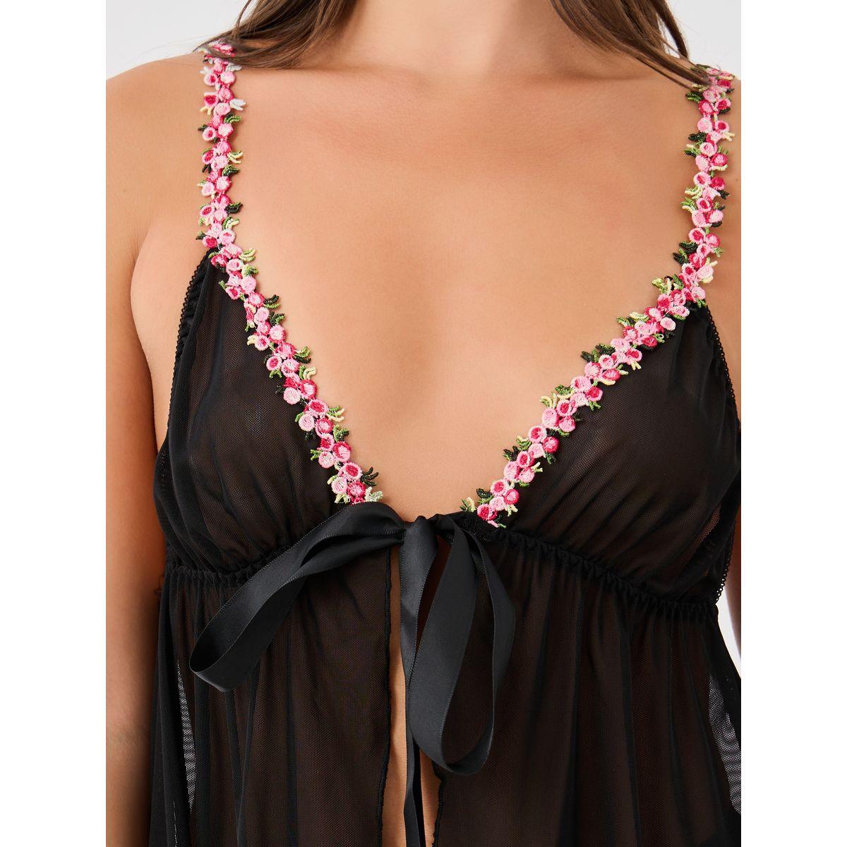 Styli Floral Lace Edge Detail Front Open Babydoll with Briefs-women-clothing-lingerie-babydollsandbodysuits-image-2