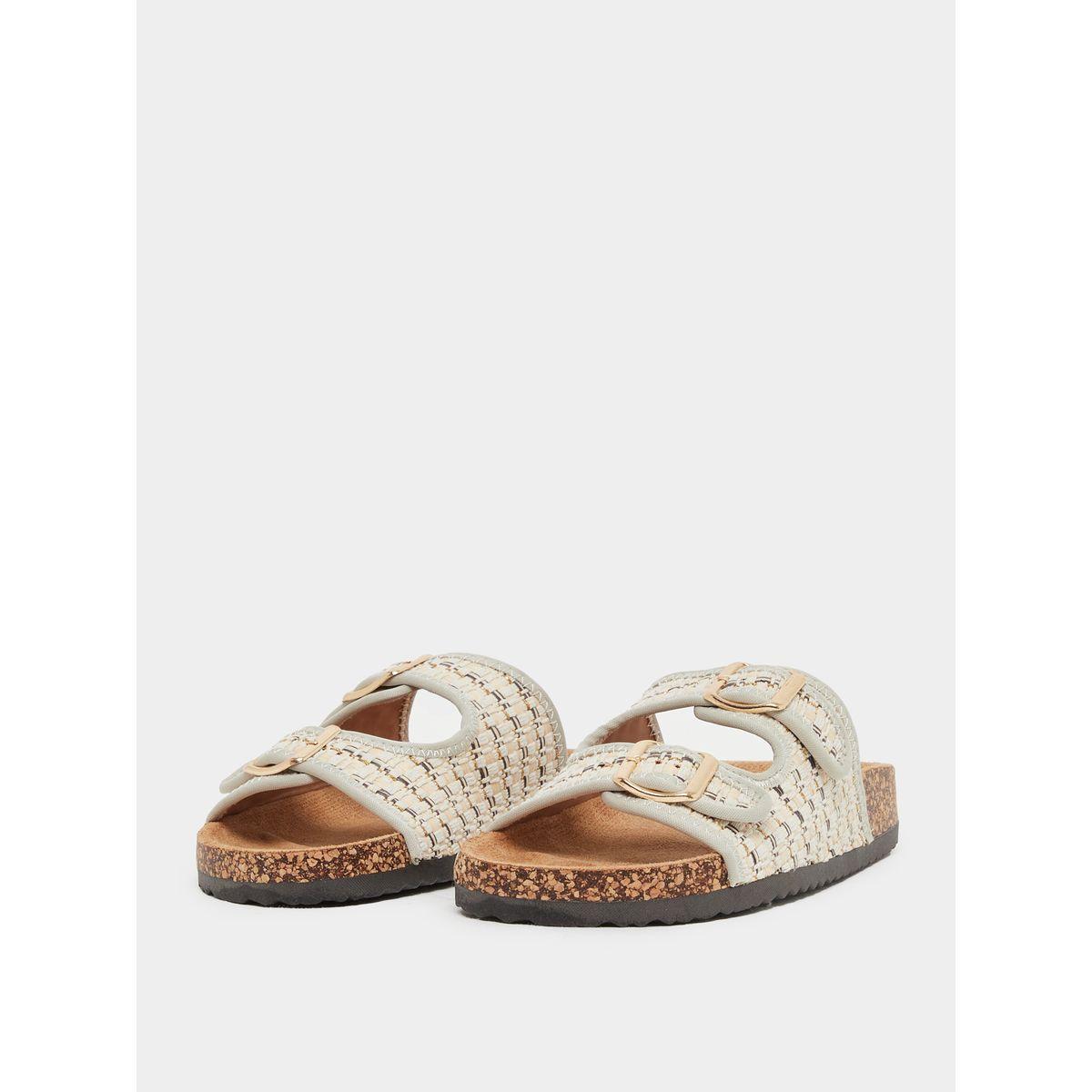 Styli Textured Slip On Flat Sandals with Buckle Details-women-shoes-sandals-flats-image-2