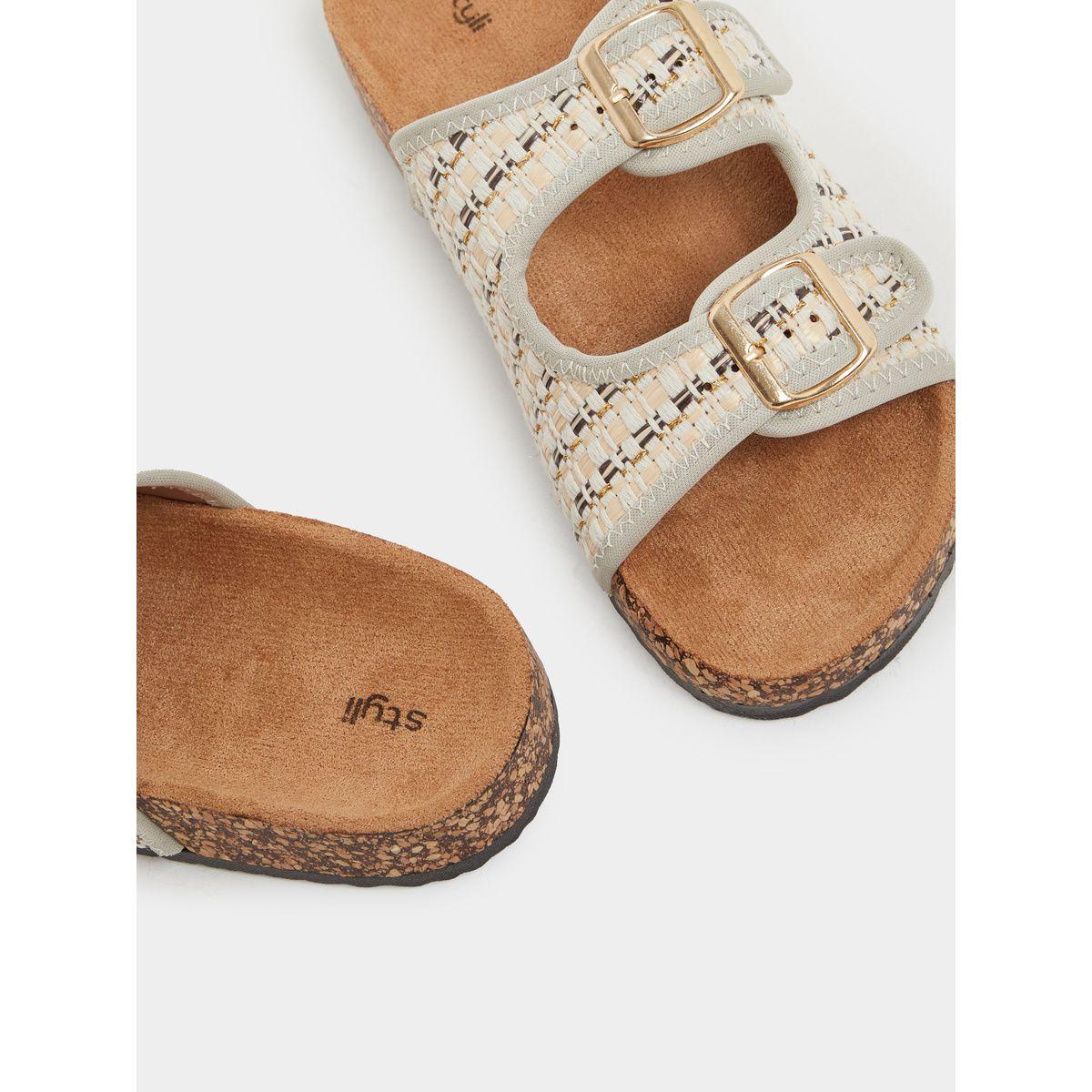 Styli Textured Slip On Flat Sandals with Buckle Details-women-shoes-sandals-flats-image-3