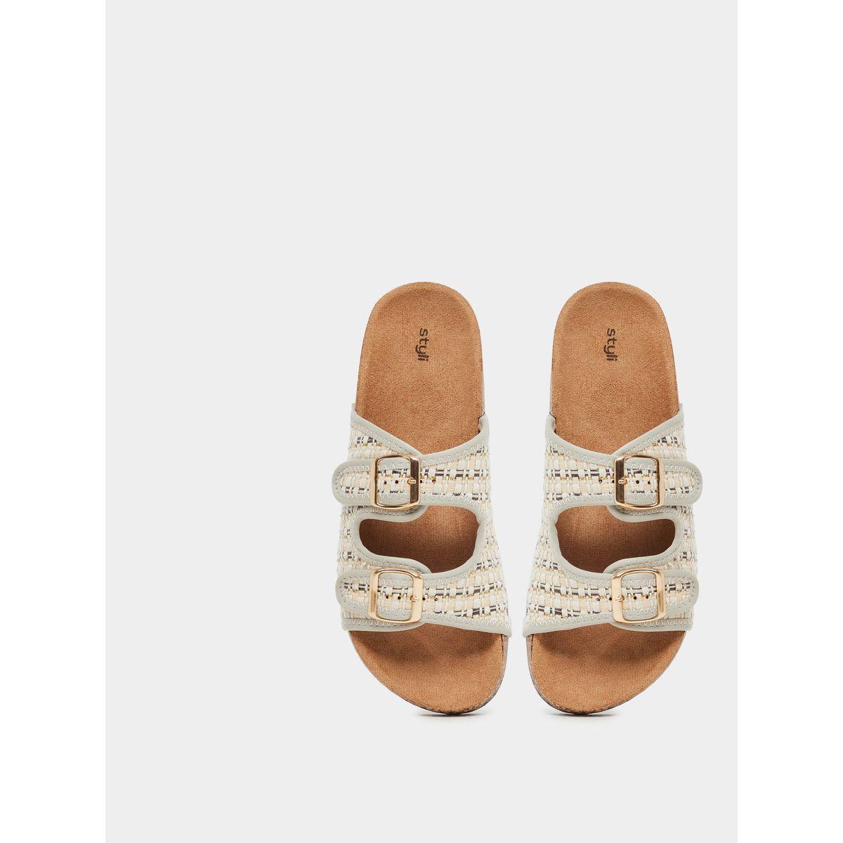 Styli Textured Slip On Flat Sandals with Buckle Details-women-shoes-sandals-flats-image-5