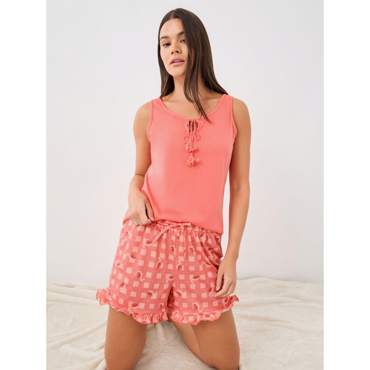 Styli Tassel Tie-Front Swing Cami and Gingham Fruit Print Ruffled Shorts Set-women-clothing-nightwear-pyjamas-shortsets-image-1