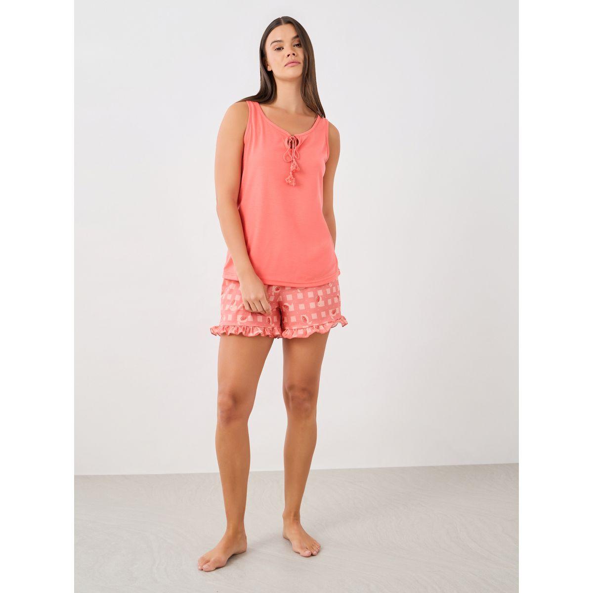 Styli Tassel Tie-Front Swing Cami and Gingham Fruit Print Ruffled Shorts Set-women-clothing-nightwear-pyjamas-shortsets-image-4