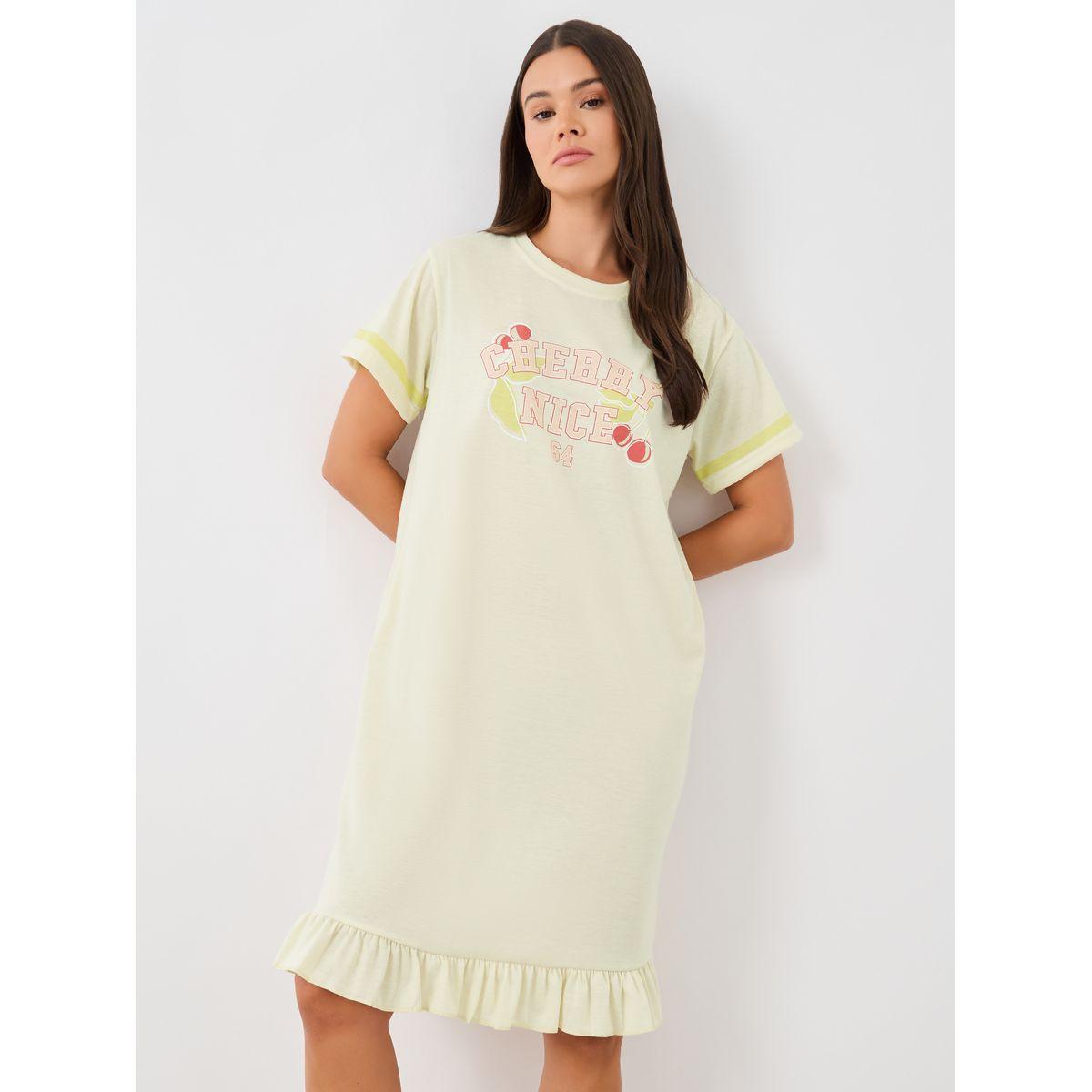 Styli Slogan Print Ruffled Hem Nightdress-women-clothing-nightwear-nighties-image-1