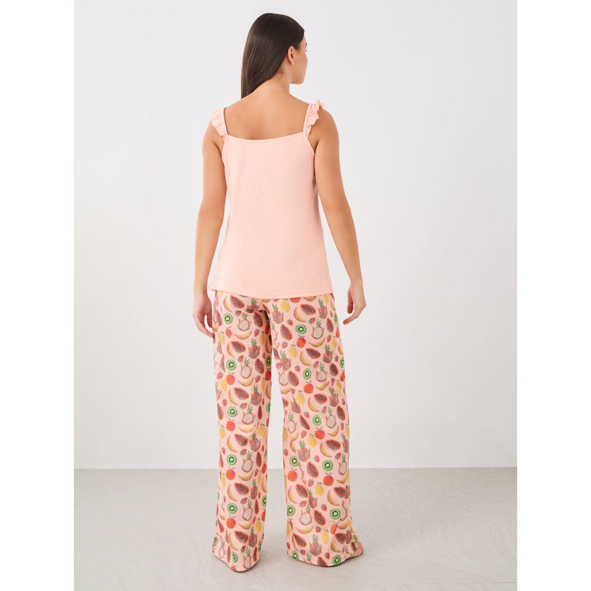 Styli Ruffled Strappy Cami and Printed Pyjama Set-women-clothing-nightwear-pyjamas-longsets-image-7