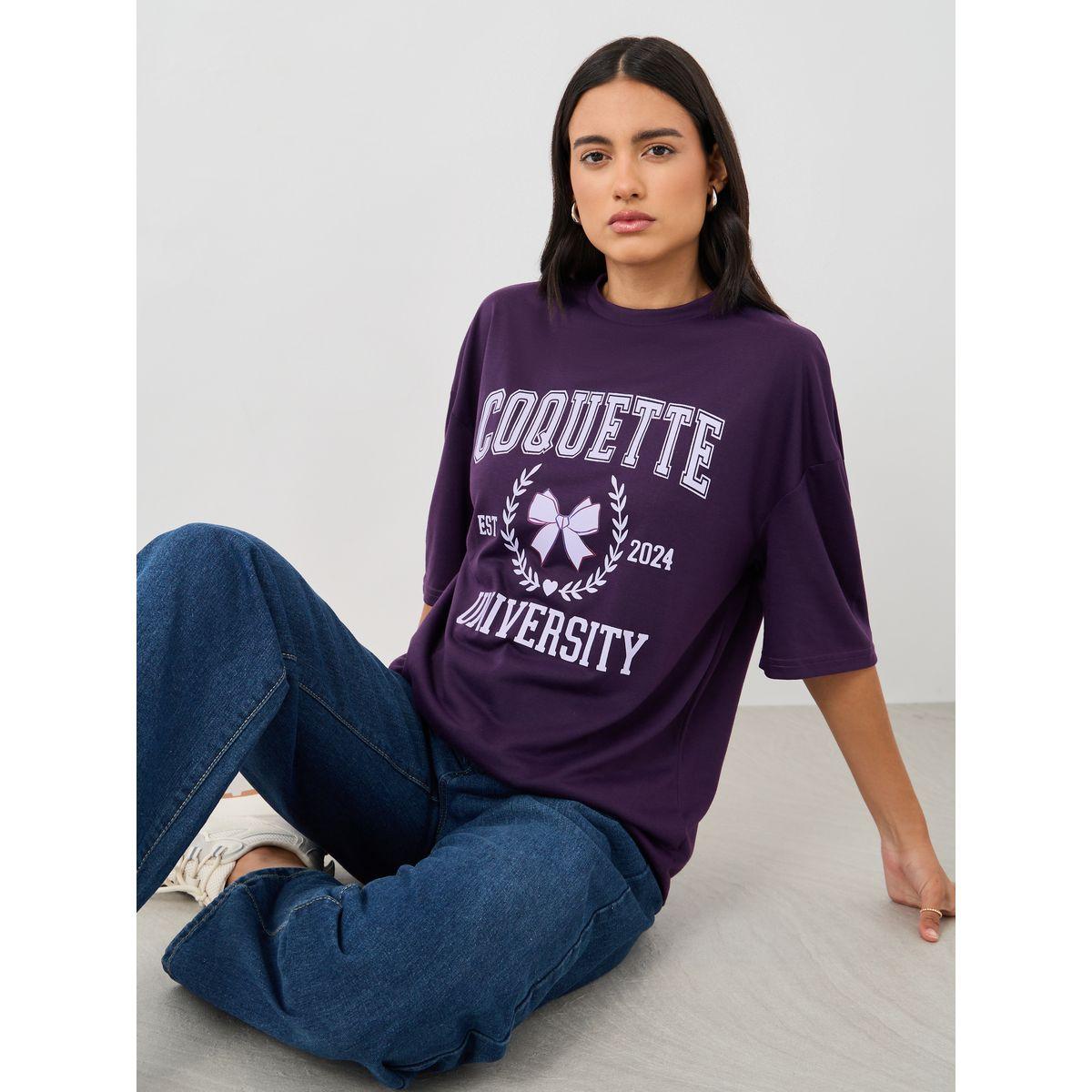 تيشيرت فضفاض بطبعة كتابة وياقة دائرية-women-clothing-tshirts-image-1