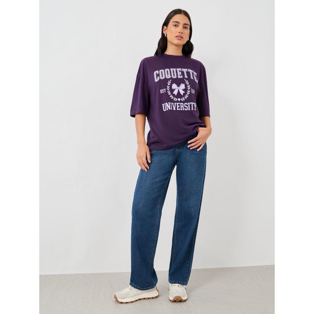 تيشيرت فضفاض بطبعة كتابة وياقة دائرية-women-clothing-tshirts-image-2