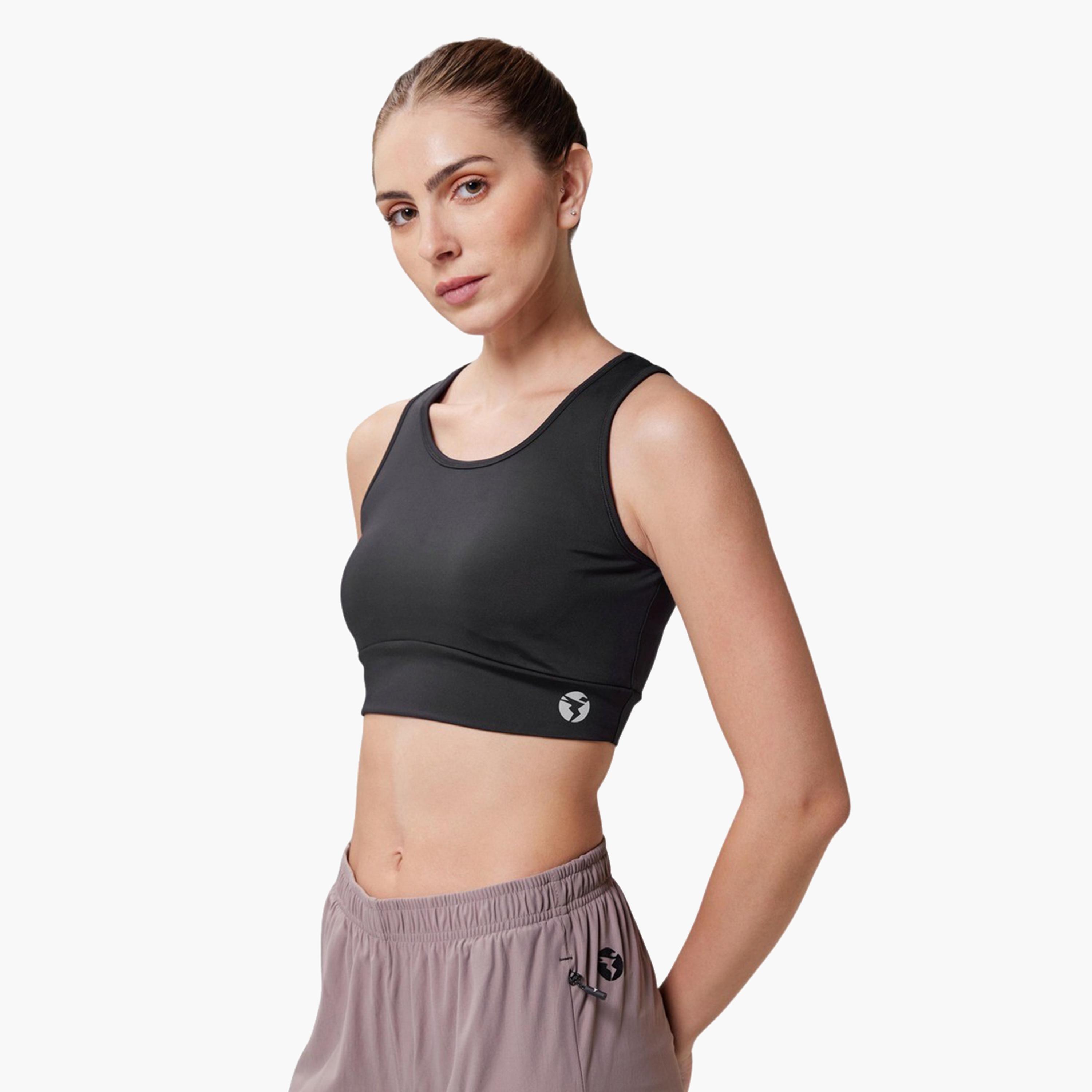 تكنوسبورت × ستايلي - حمالة صدر رياضية مبطنة سادة مع تفاصيل الشعار-women-clothing-lingerie-bras-image-2