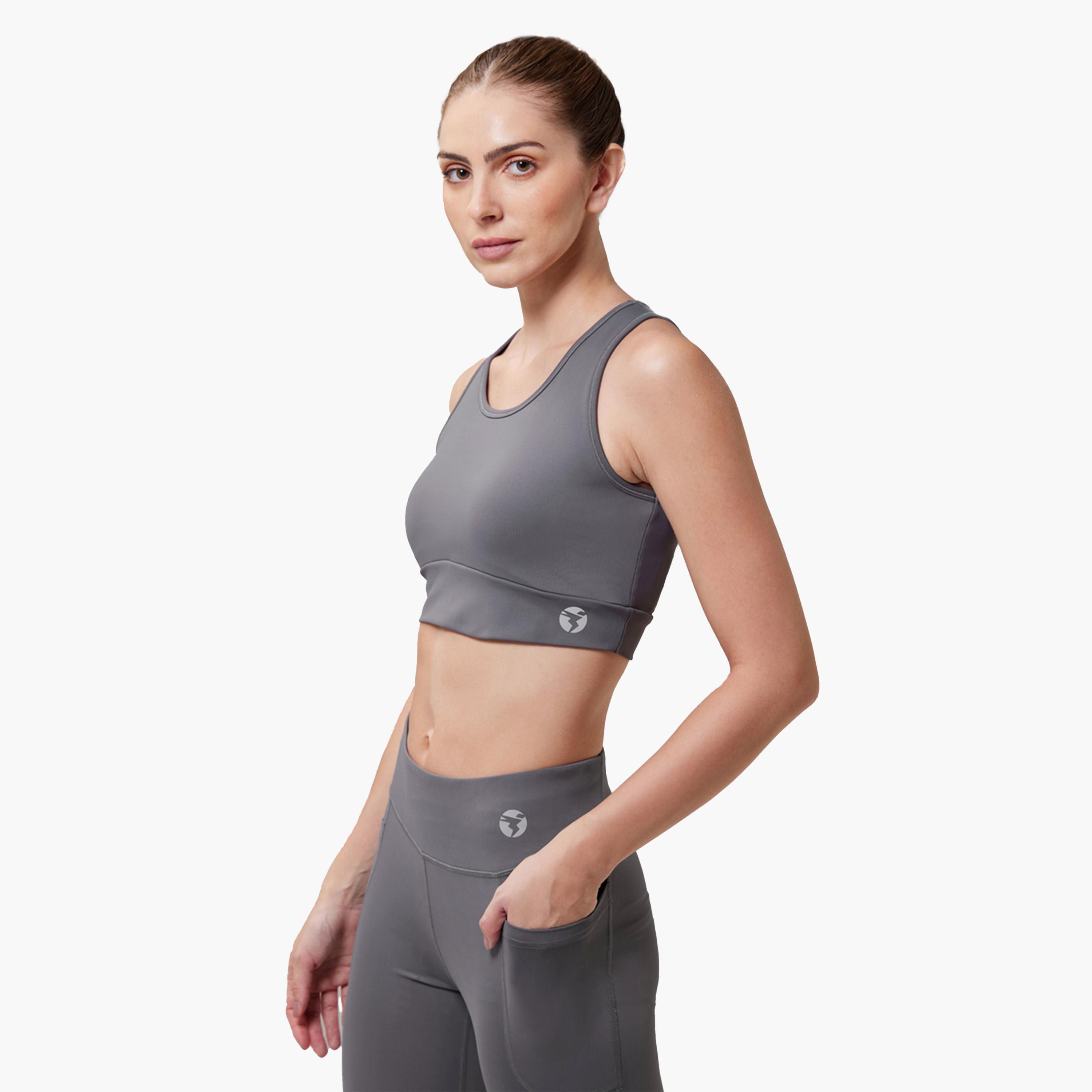 تيكنو سبورت × ستايلي- حمالة صدر رياضية مبطنة بدون أسلاك بتفاصيل شعار رمادية-women-clothing-lingerie-bras-image-2